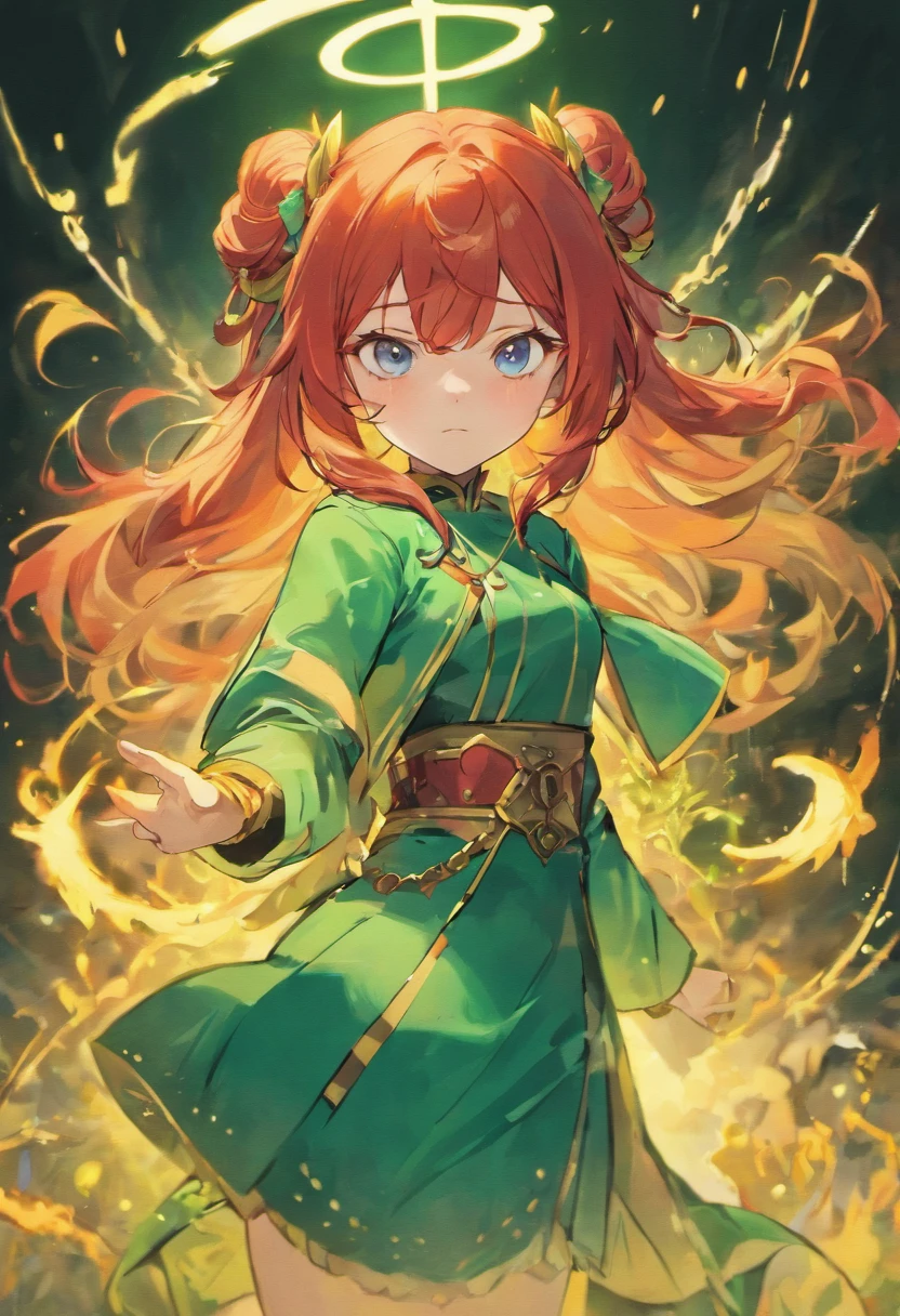 an adult female genshin impact character, long red hair, blue eyes, liyue style, green outfit, dendro vision, nature, horns