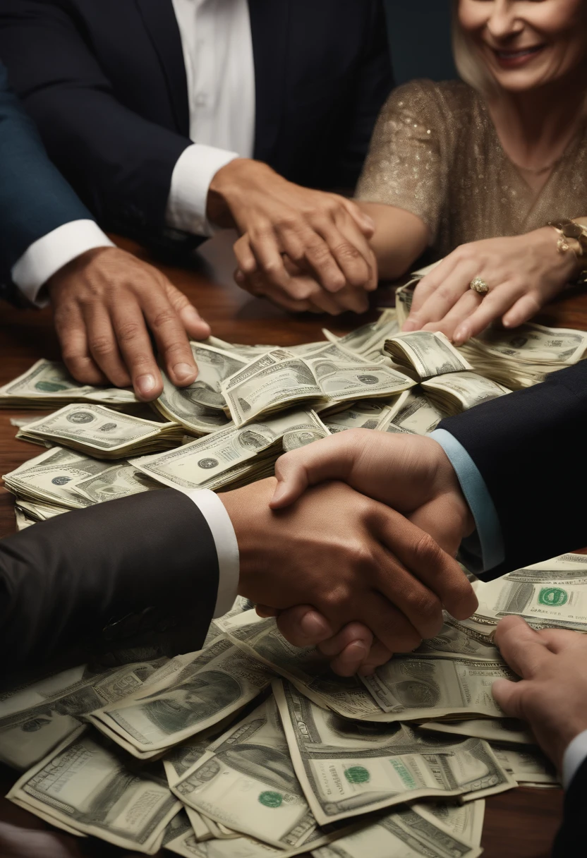 Image with two people shaking hands and money on a table and shows people's faces , imagem ultra realista