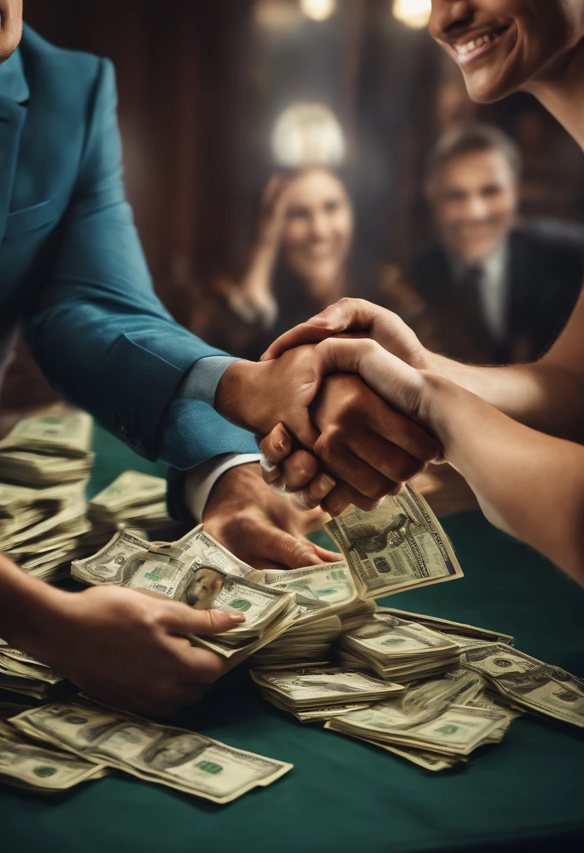 Image with two people shaking hands and money on a table and shows people's faces , imagem ultra realista