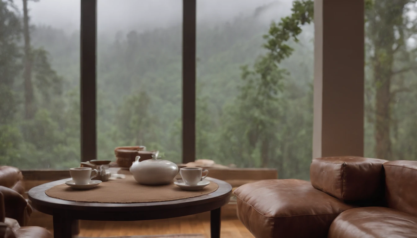 Vista interior da casa de madeira com grande janela de vidro com vista para uma floresta, The weather is heavy rain, agua escorre no vidro, clima frio, nem nome, Floresta densa fora, lareira com fogo baixo, livros na estante, wooden table with cups of hot coffee for two, (a man and a woman are seated) on a brown leather sofa, It's getting dark and it's raining a lot.