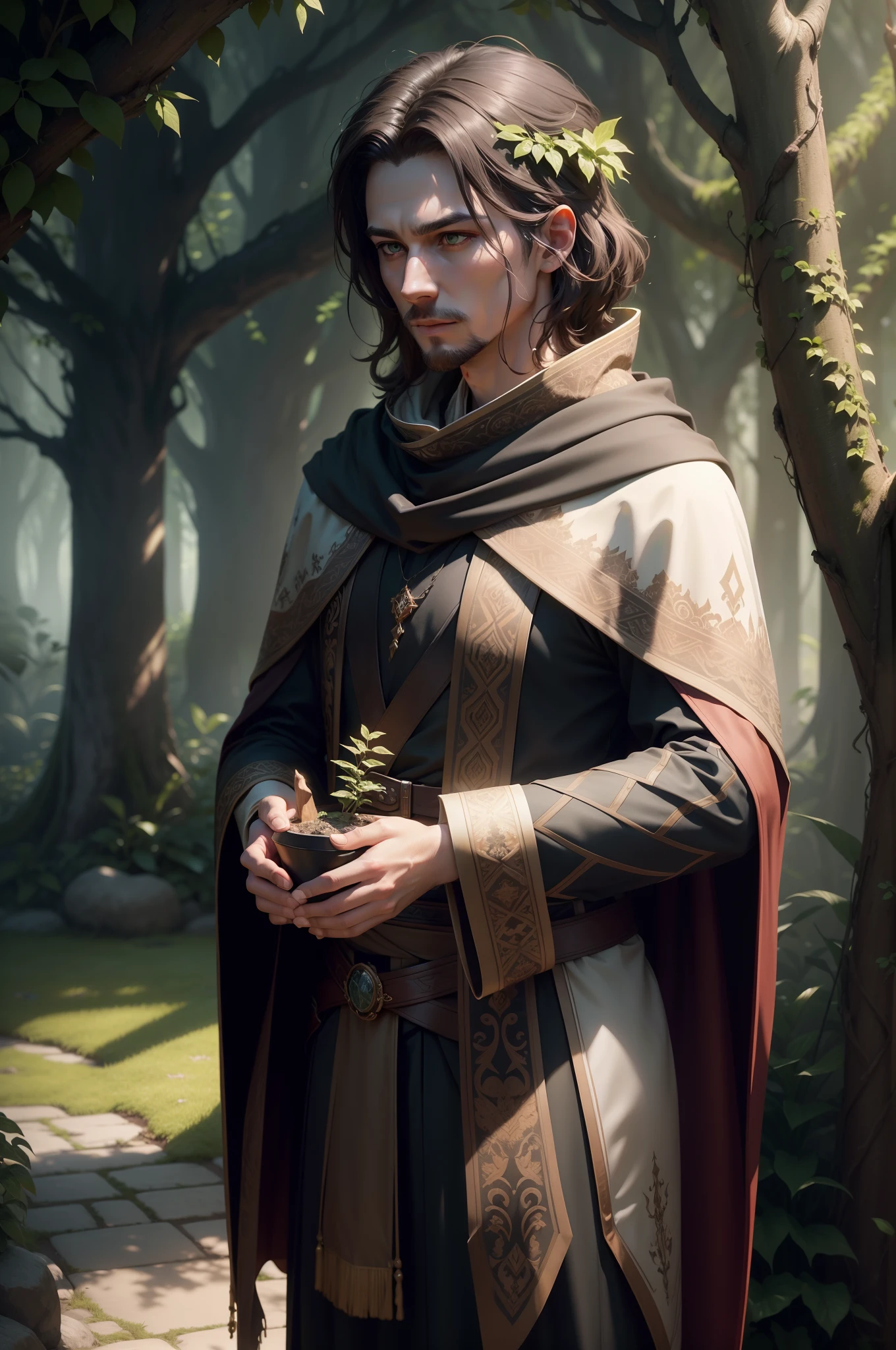 Male, brown hair, pale skin tone, druid, black robe with green edging, plant patterns, botanical patterns, surrounded by plants and fungi, handsome, man, pristine, rpg, hi res, 4k, 8k, 16k, ultrahd, realisitic, photon mapping, radiosity, cinematic lighting, sharp focus, best quality, volumetric lighting, volumetric light, concept art, path tracing. warm colors, (RAW photo., best quality), (realistic, Realistic: 1.3), NVIDIA RTX Ray Tracing, octan render, high-resolution, beautiful, Awesome, finely and highly detailed, masterpiece, ultra-detailed, High, (best illustration), (best shadow), intricate, sharp focus, perfect composition, fantasy, intricate, elegant, volumetric mist, 8k UHD, DSLR, high quality, (grain of film: 1.4), Fujifilm XT3, art-station, smooth and sharp focus, detailed