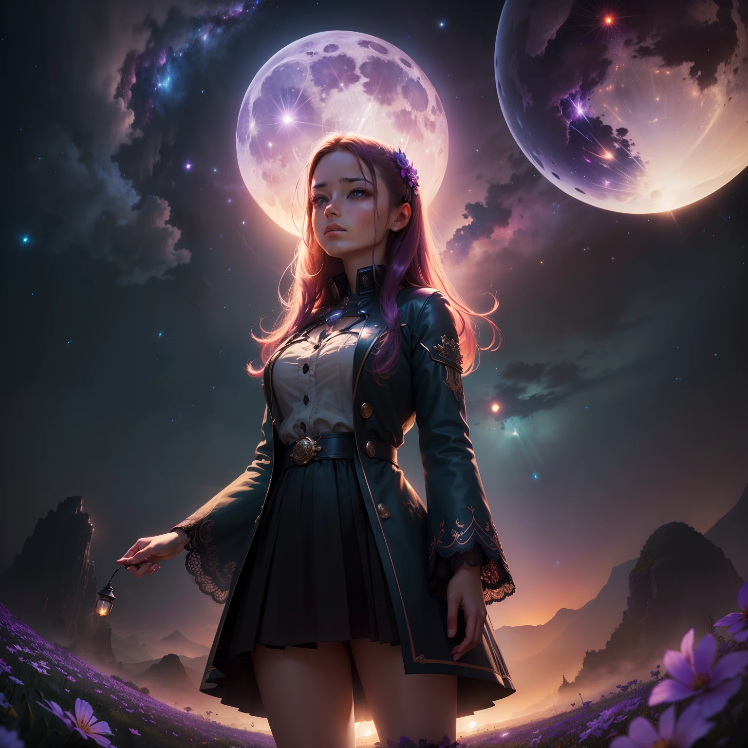 expansive landscape photograph , (a view from below that shows sky above and open field below), a girl standing on flower field looking up, (full moon:1.2), ( shooting stars:0.9), (nebula:1.3), distant mountain, tree BREAK
production art, (warm light source:1.2), (Firefly:1.2), lamp, lot of purple and orange, intricate details, volumetric lighting, realism BREAK
(masterpiece:1.2), (best quality), 4k, ultra-detailed, (dynamic composition:1.4), highly detailed, colorful details,( iridescent colors:1.2), (glowing lighting, atmospheric lighting), dreamy, magical, (solo:1.2)