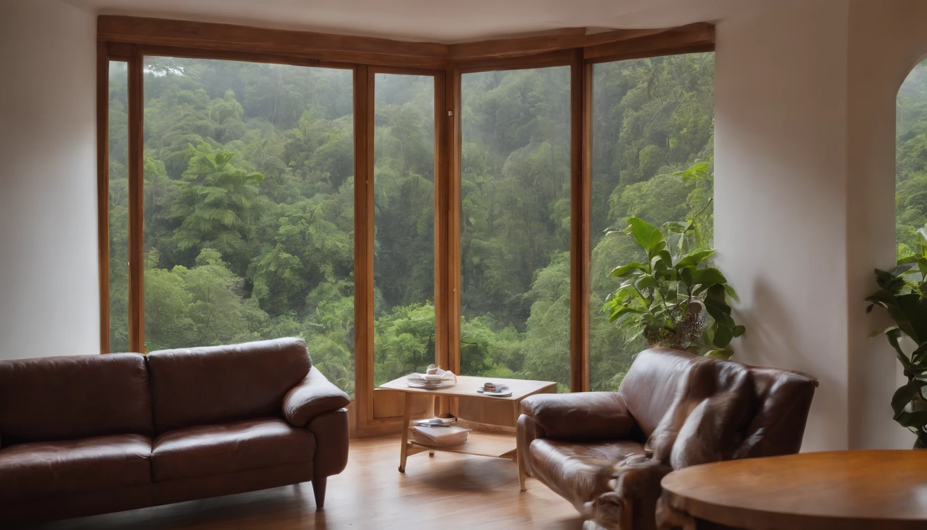 Vista interior da casa de madeira com grande janela de vidro com vista para uma floresta, The weather is heavy rain, agua escorre no vidro, clima frio, nem nome, Floresta densa fora, lareira com fogo baixo, livros na estante, wooden table with cups of hot coffee for two, (a man and a woman are seated) on a brown leather sofa, It's getting dark and it's raining a lot, We have a panoramic view of the room.