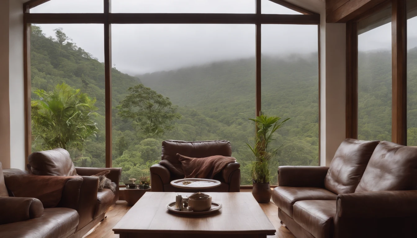 Vista interior da casa de madeira com grande janela de vidro com vista para uma floresta, The weather is heavy rain, agua escorre no vidro, clima frio, nem nome, Floresta densa fora, lareira com fogo baixo, livros na estante, wooden table with cups of hot coffee for two, (a man and a woman are seated) on a brown leather sofa, It's getting dark and it's raining a lot, We have a panoramic view of the room.