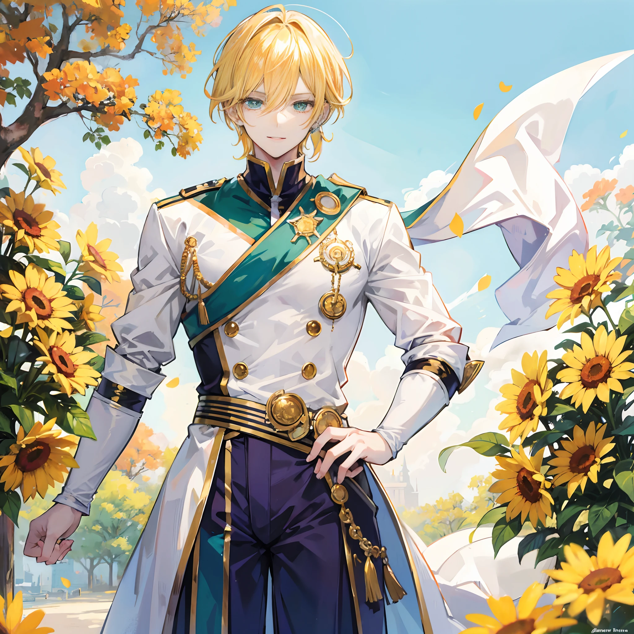 anime boy,tall,lean,muscular,white royal uniiform,golden hair,green eyes,piercing on his ear,looking at viewer with a warm smile,sunny background,handsome