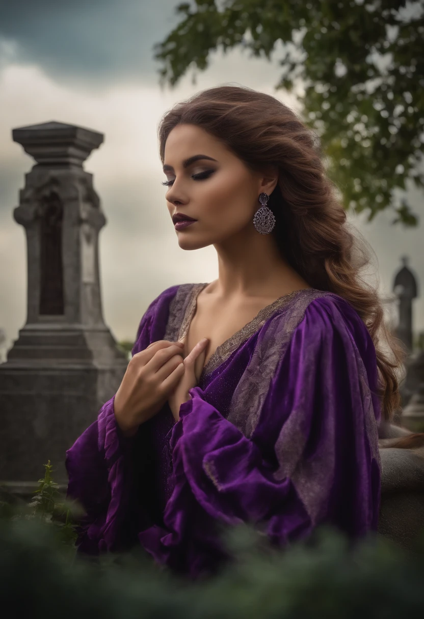 Make a 22-year-old woman, muito atraente, Amazing female shape, de corpo inteiro, cabelos negros e longos, olhos vermelhos, boca com batom muito roxo, vestida de com uma armadura viking de couro nas cores preto e roxo. She's looking at a cemetery in front of her. She's floating in a cloud just below your feet. Hiper fotorrealismo, 8k, ultra hd, dynamic lighting, unreal 5.