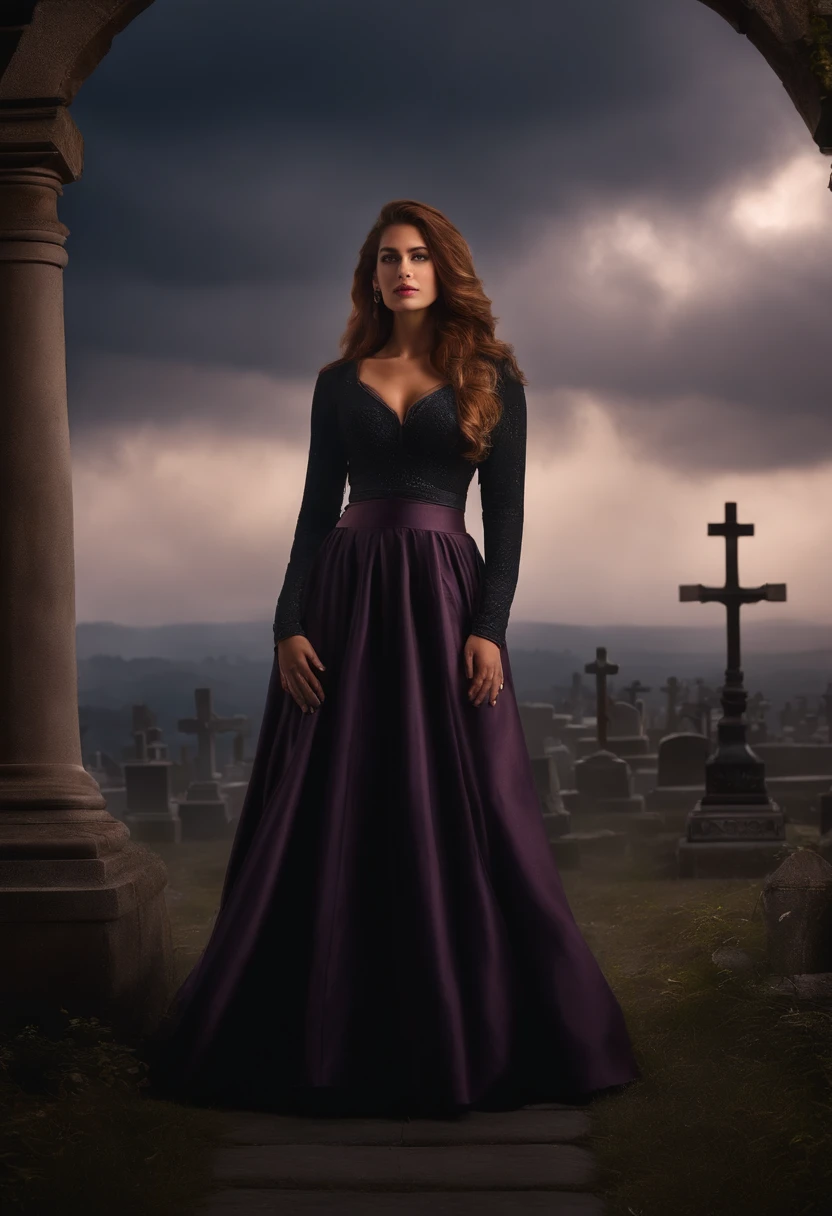 Make a 22-year-old woman, muito atraente, Amazing female shape, de corpo inteiro, cabelos negros e longos, olhos vermelhos, boca com batom muito roxo, vestida de com uma armadura viking de couro nas cores preto e roxo. She's looking at a cemetery in front of her. She's floating in a cloud just below your feet. Hiper fotorrealismo, 8k, ultra hd, dynamic lighting, unreal 5.
