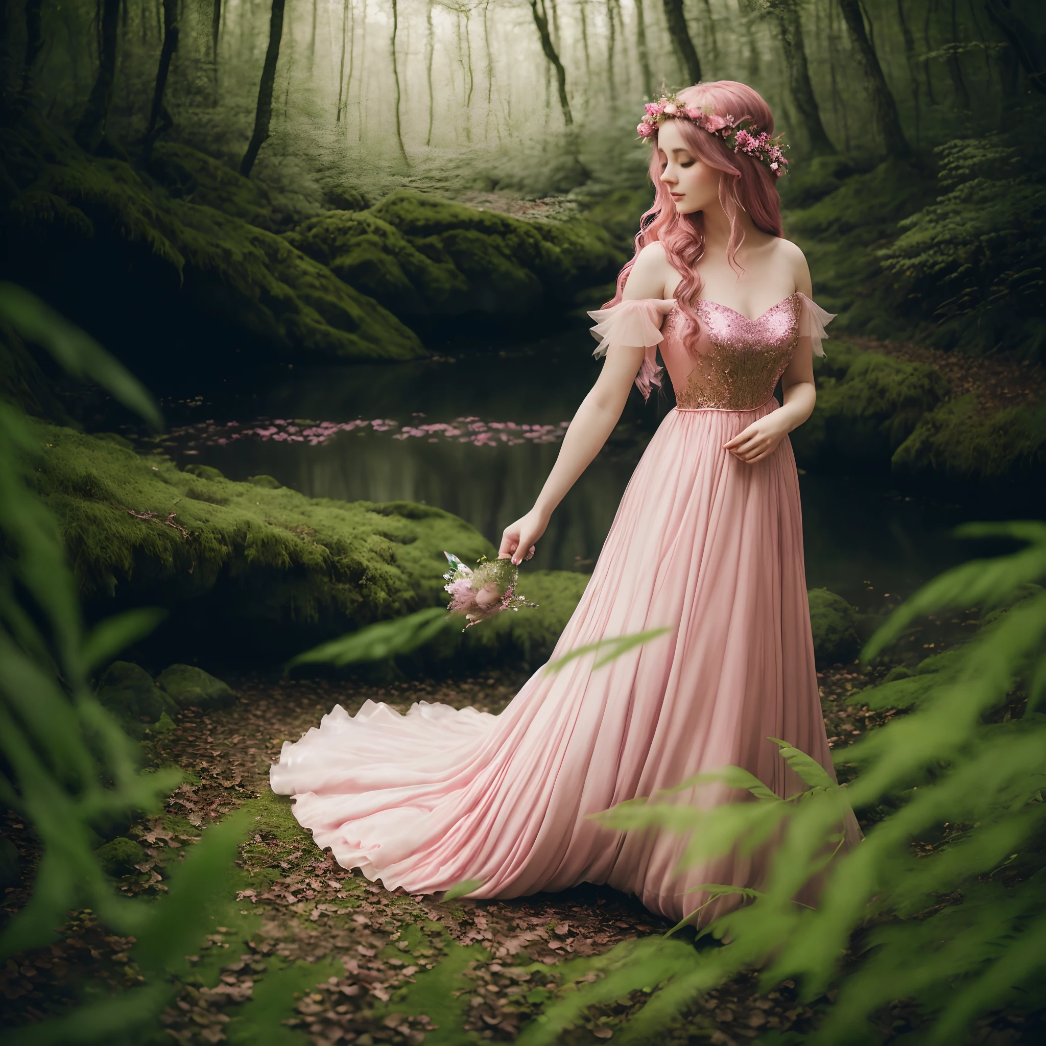 arafed woman in a pink dress standing in a forest, fantasy photoshoot, flowing gown, in a whimsical fairytale forest, ethereal fairytale, fantasy dress, ethereal beauty, matte painting portrait shot, lost in a dreamy fairy landscape, fantasy photography, stunning elegant pose, flowing dress, wearing a flowing dress, in pink forest, beautiful render of a fairytale