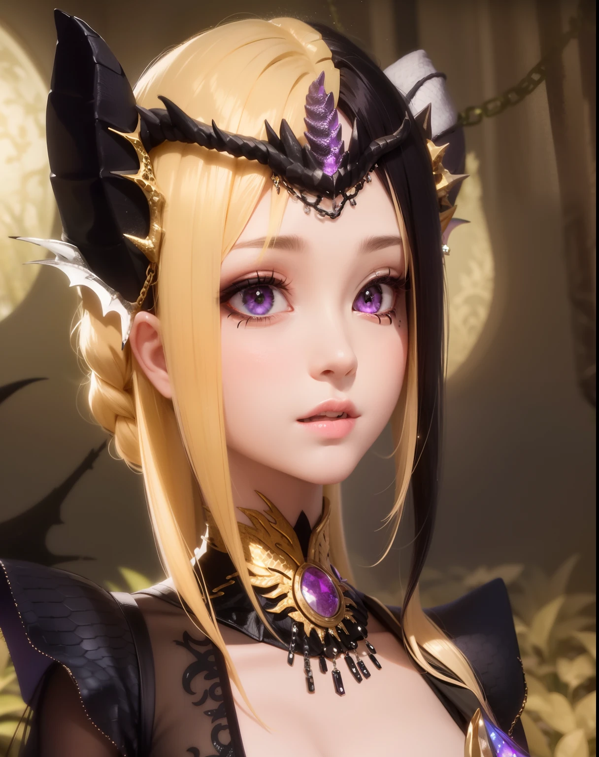 masterpiece, best quality, 1lady, Pretty, Black hair, {Purple glowing eyes}, Black dragon scales, black dragon tail, Dark Forest, firelight, Arkenberg diamonds, scorn, Richly decorated clothes, Pick and dye your hair, Gold cumbersome decoration, chain