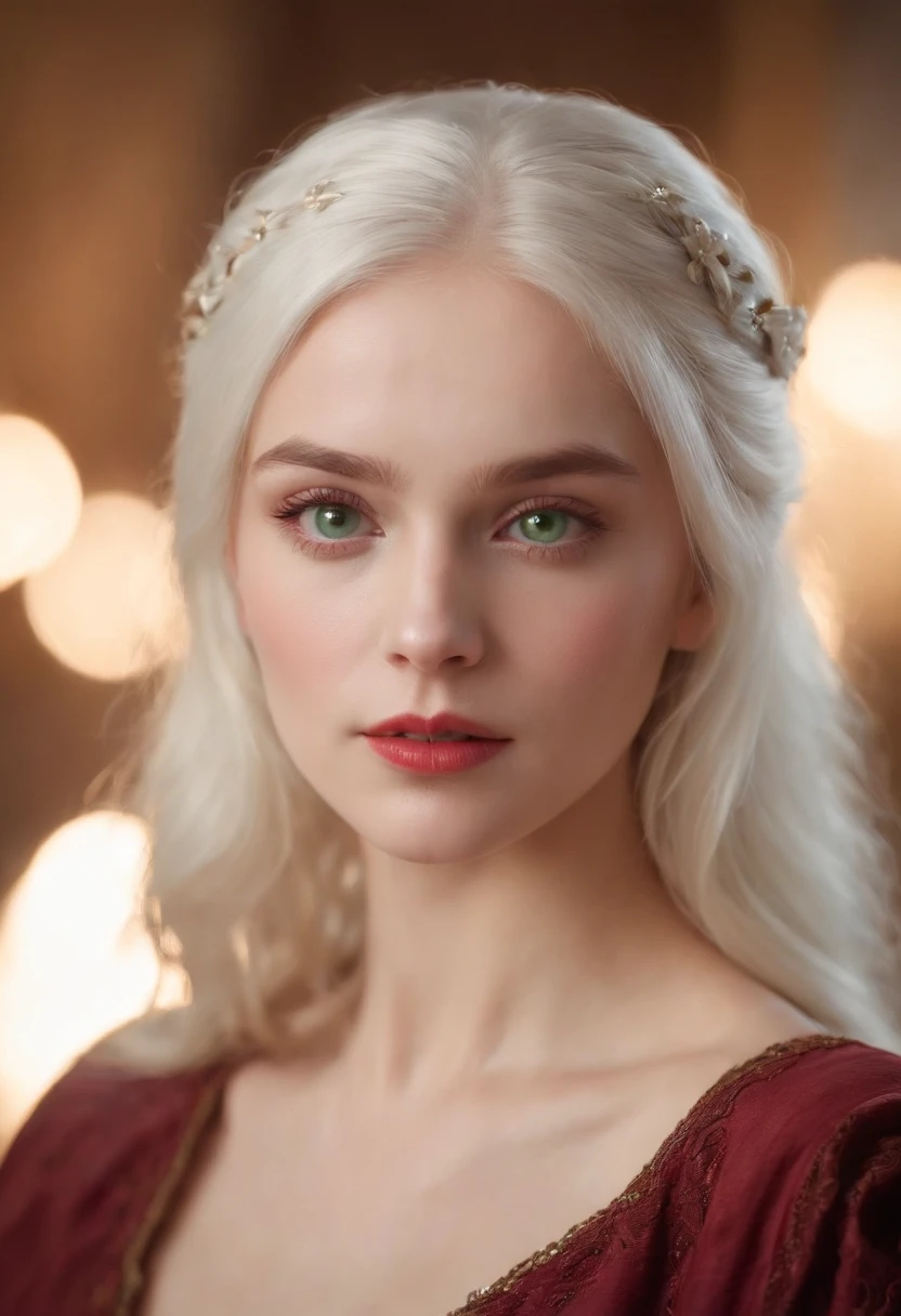 (((a deep reddish wound crosses her left cheek))) fair complexion, woman around 19 years old, natural white hair, distinctive green eyes, wearing kohl, slender and graceful, beautiful, candlelight in a medieval setting, ultra sharp focus, realistic shot, medieval female clothes, tetradic colors (scar:1.4)