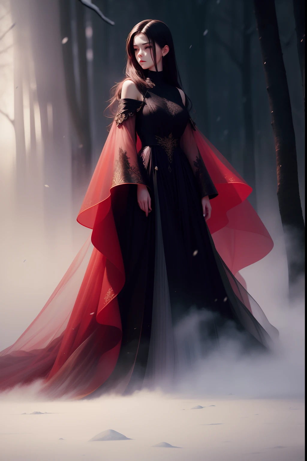 Winter in the misty forest,In the snow stood a lady in a long red tulle dress。,Brunette lady,A shimmering flowing tulle dress, High neck flowing dress,inspired by Igor Kieryluk, It is covered by a long one, Thick cloak,It is embroidered with gold and black thread, Light fog background,Soft light and shadow,inspired by Wadim Kashin, by Russell Dongjun Lu, inspired by Yanjun Cheng, inspired by Hsiao-Ron Cheng, Beautiful digital artwork,