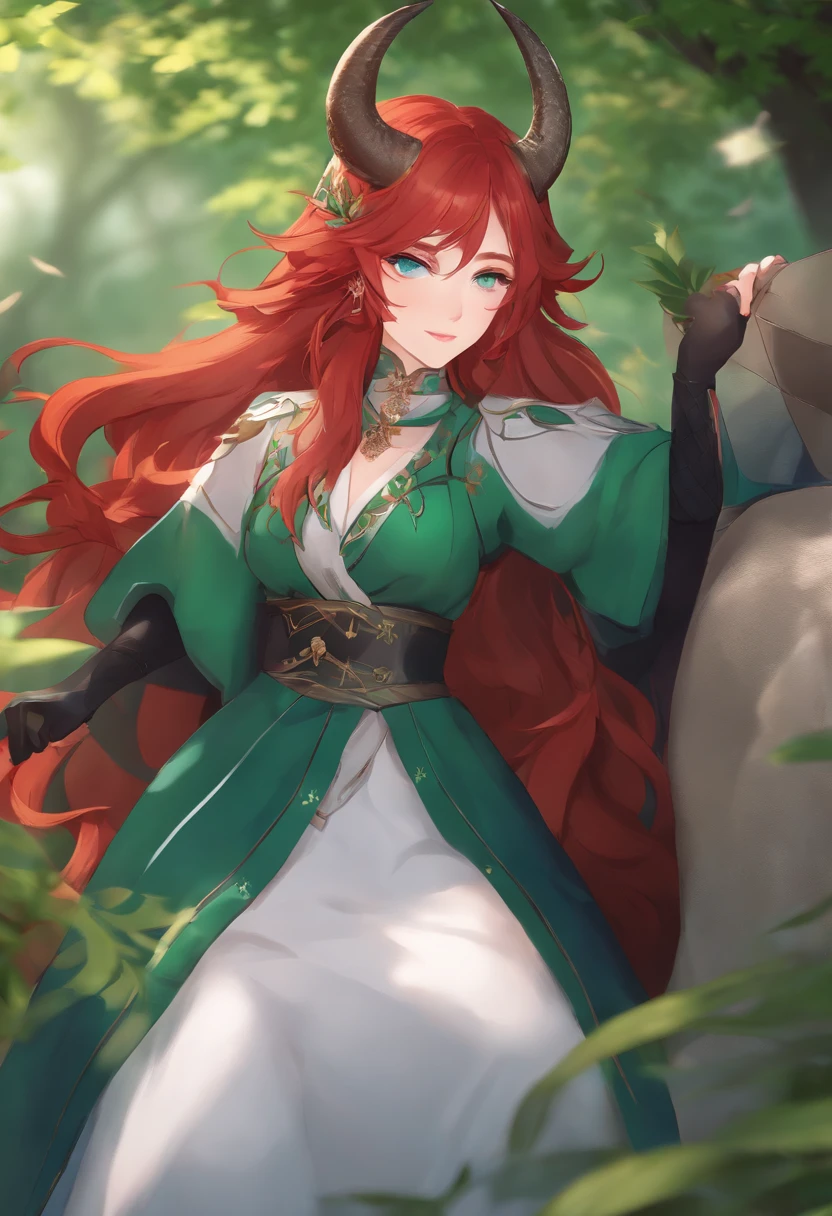 a female genshin impact character, long red hair, blue eyes, liyue style, green outfit, dendro vision, anime, nature, horns