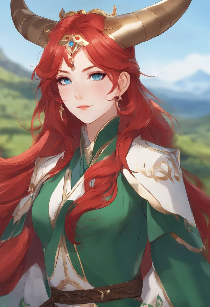a female genshin impact character, long red hair, blue eyes, liyue style, green outfit, dendro vision, anime, nature, horns