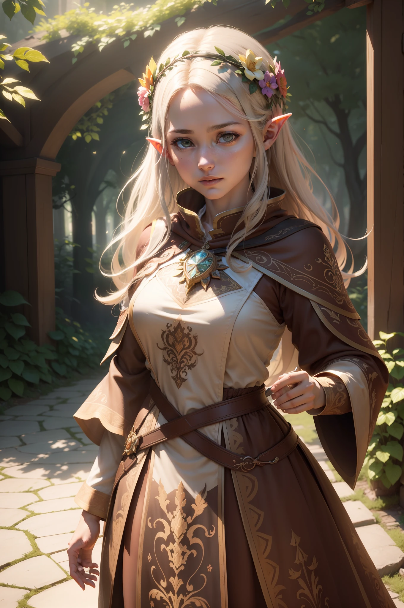 Female, Wood elf cleric, crown of colourful flowers on head, brown robe with vibrant flower motifs, beautiful, pristine, rpg, hi res, 4k, 8k, 16k, ultrahd, realisitic, photon mapping, radiosity, cinematic lighting, sharp focus, best quality, volumetric lighting, volumetric light, concept art, path tracing. warm colors, (RAW photo., best quality), (realistic, Realistic: 1.3), NVIDIA RTX Ray Tracing, octan render, high-resolution, beautiful, Awesome, finely and highly detailed, masterpiece, ultra-detailed, High, (best illustration), (best shadow), intricate, sharp focus, perfect composition, fantasy, intricate, elegant, volumetric mist, 8k UHD, DSLR, high quality, (grain of film: 1.4), Fujifilm XT3, art-station, smooth and sharp focus, detailed