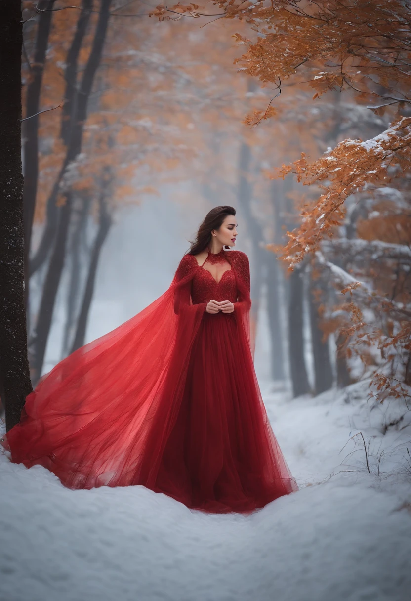 Winter in the misty forest，In the snow stood a lady in a long red tulle dress。。，Brunette lady，A sparkling flowing tulle dress, High neck flowing dress，inspired by Igor Kieryluk, It is covered by a long one, Thick cloak，Covered with gold and light apricot color, Light fog background，Soft light and shadow，inspired by Wadim Kashin, by Russell Dongjun Lu, inspired by Yanjun Cheng, inspired by Hsiao-Ron Cheng, Beautiful digital artwork,