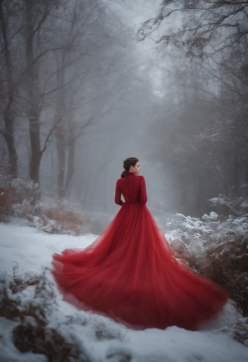 Winter in the misty forest，In the snow stood a lady in a long red tulle dress。。，Brunette lady，A sparkling flowing tulle dress, High neck flowing dress，inspired by Igor Kieryluk, It is covered by a long one, Thick cloak，Covered with gold and light apricot color, Light fog background，Soft light and shadow，inspired by Wadim Kashin, by Russell Dongjun Lu, inspired by Yanjun Cheng, inspired by Hsiao-Ron Cheng, Beautiful digital artwork,