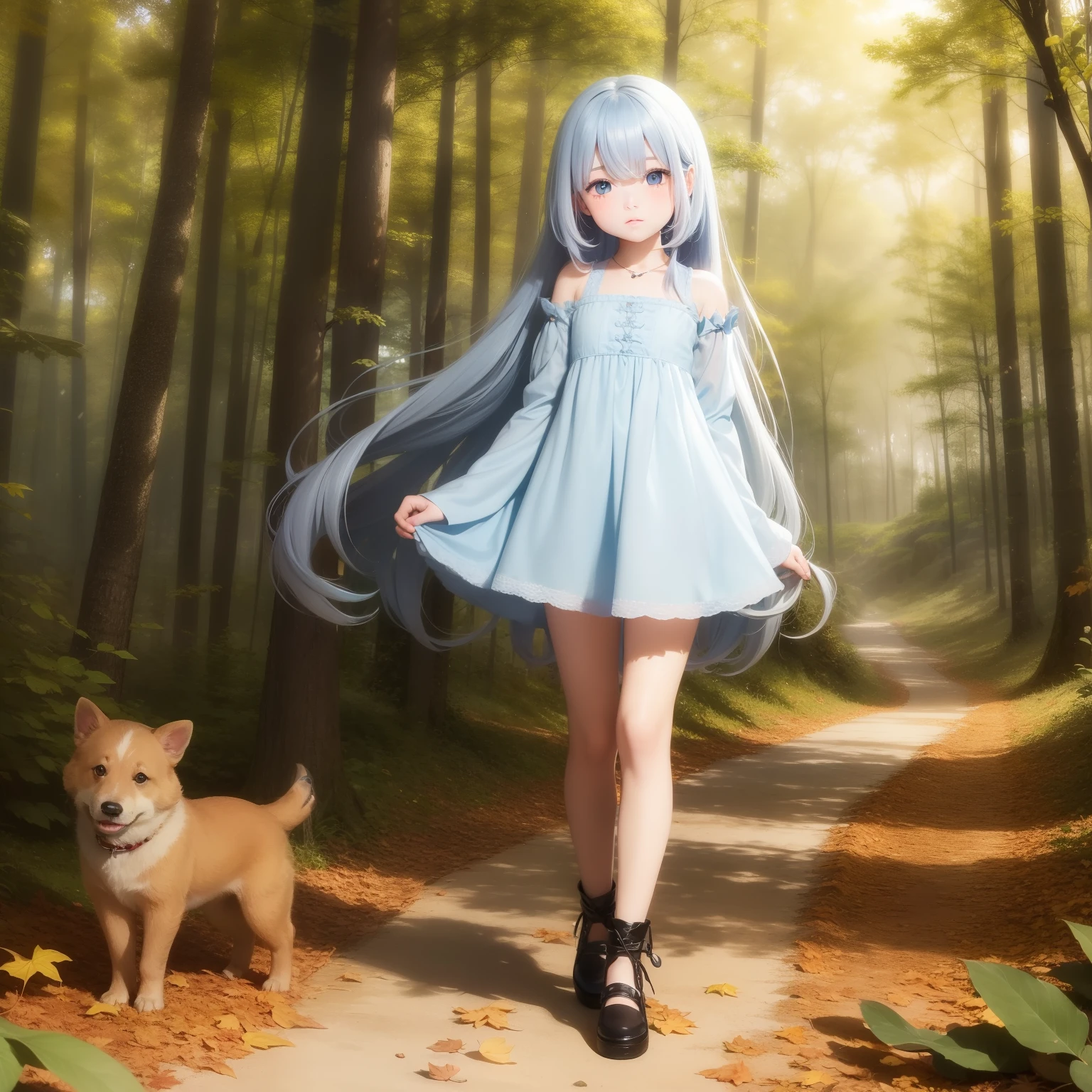 Cute and puppy Light blue long hair、Black eyes、Large in the center Stroll through the forest of autumn leaves Fairy tale background Fantasia