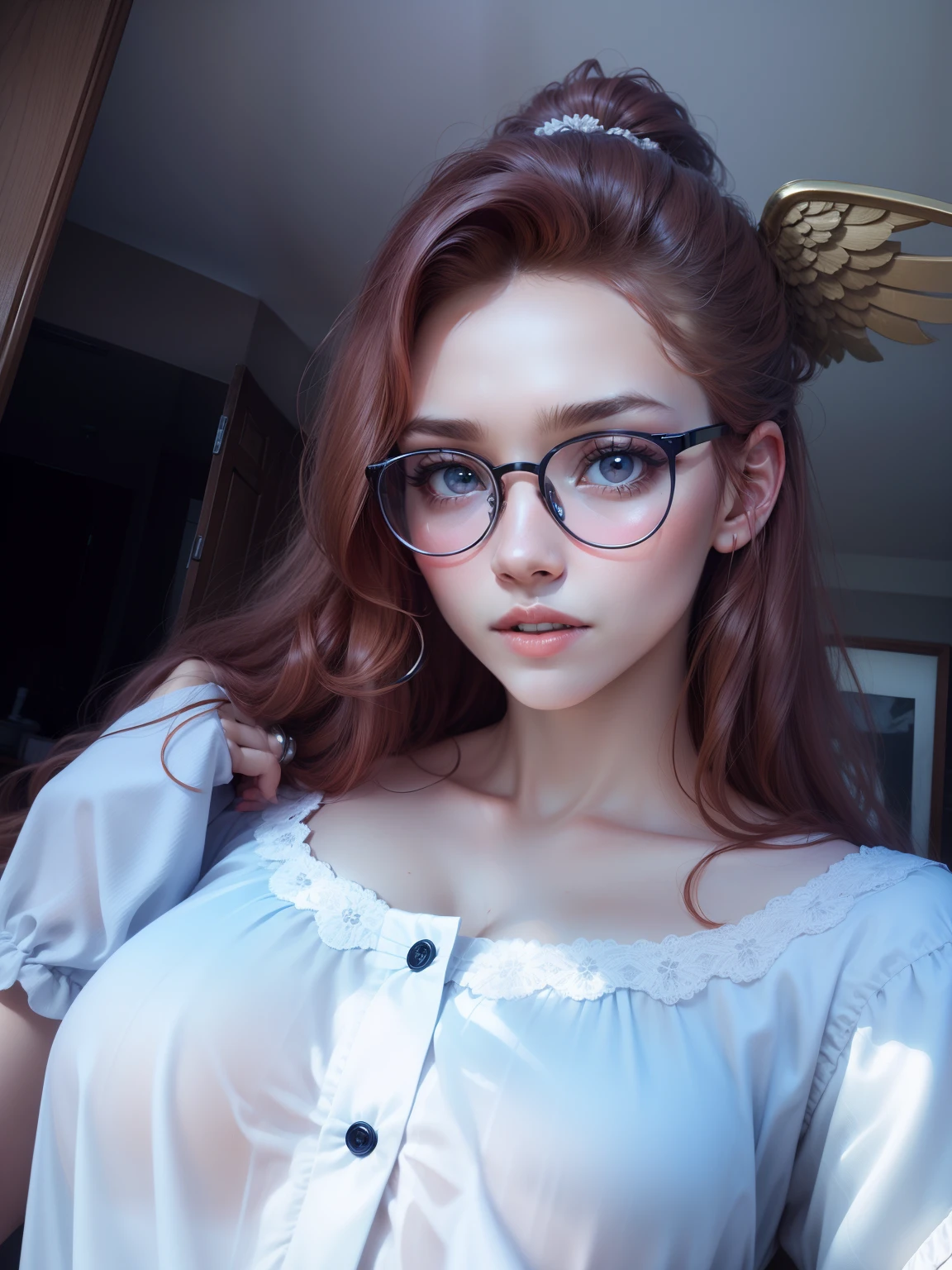 Beauty face angel , ginger hair, round glasses, brown eyes