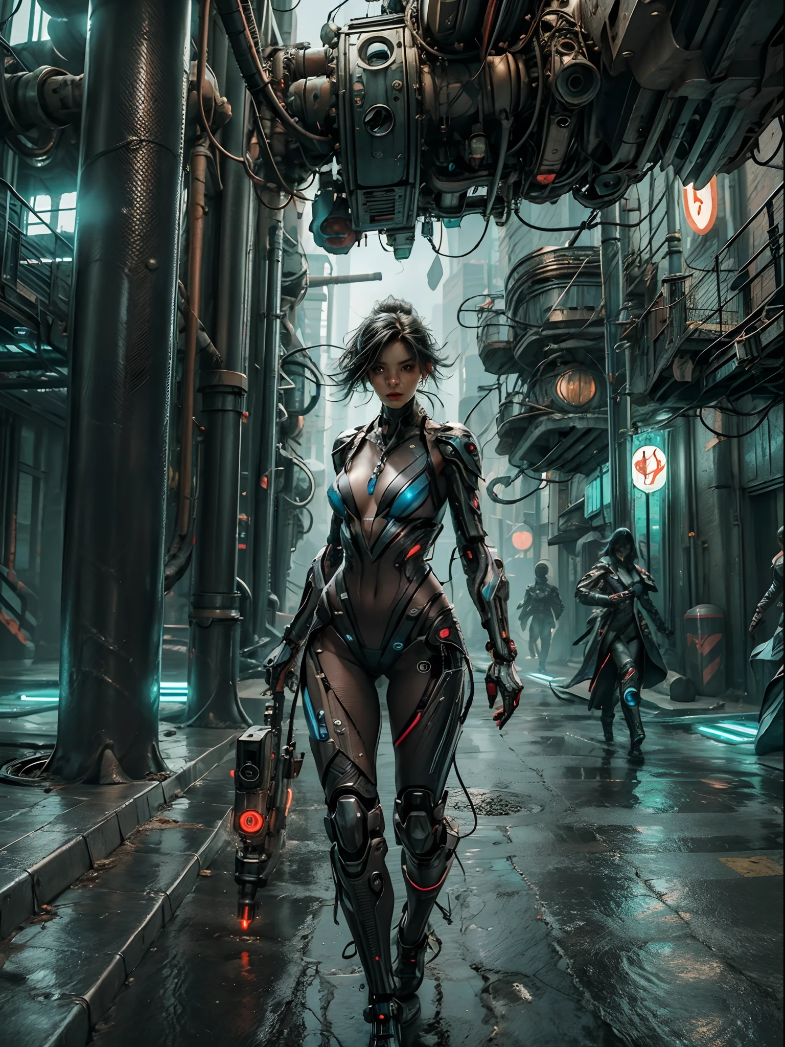 1 sexy Cyberpunk girl, futuristic, mechanical aesthetics, complex machinery, high-tech lighting scene of futuristic city in the background, virtual engine 5, cinematic lighting.