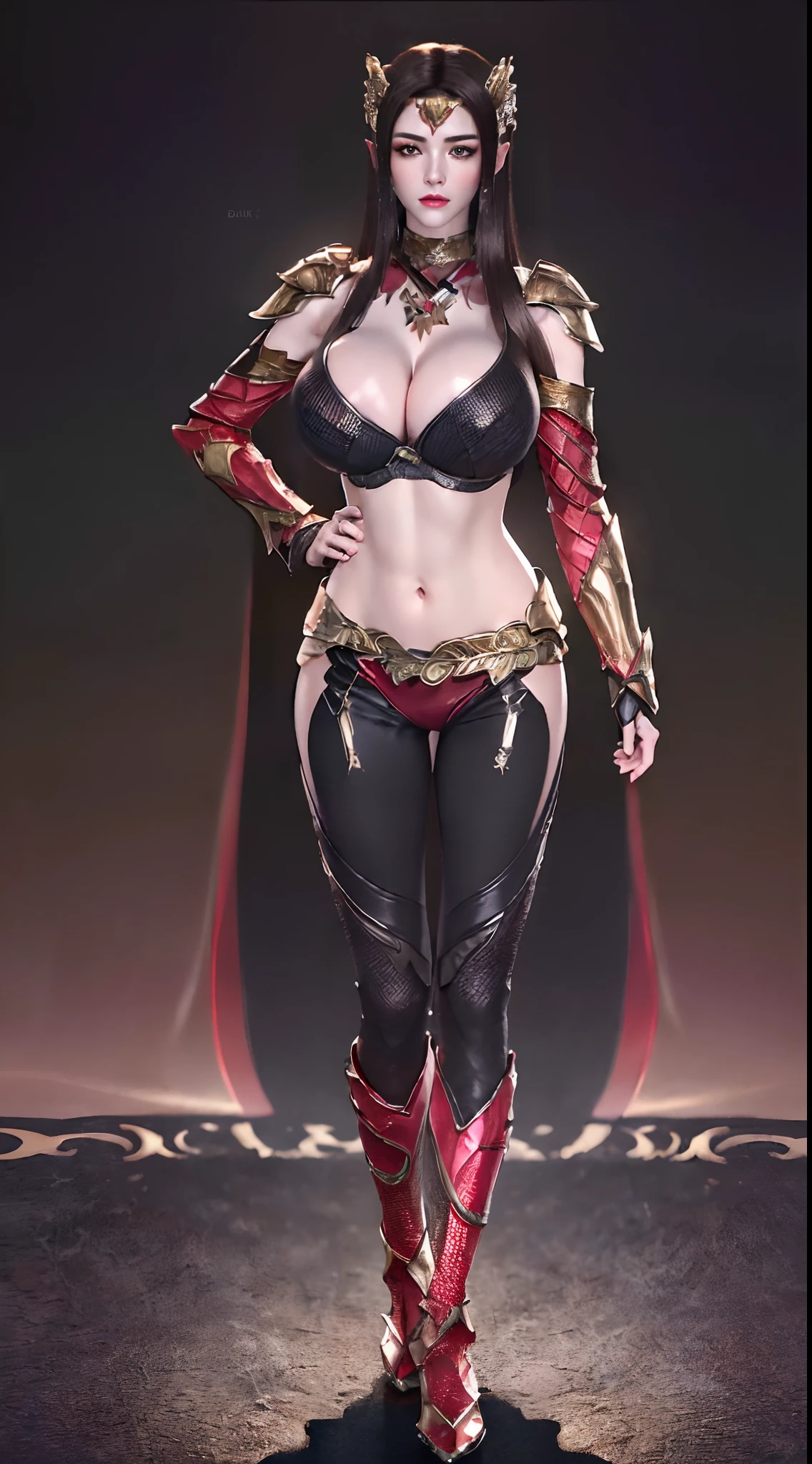 Solo, 1 Beauty, Wuxia World, headwear, (1 Girl), (:1.5), (Full red gold armor:1.5), (tight leggings:1.3), (standing:1.8), (huge fake breasts:1.5), (abdominal muscles:1.2), (dark hair:1.5), (big butt:1.3), (gloss skin:1.3), Chinese Immortal Wuxia, Lips, (battlefield background:1.2), ( jealous), Intellectual, Smooth Face, Masterpiece, Best Quality, High Quality, High Definition, High Quality Texture, High Quality Shadows, High Detail, Cinematic Light, Side Lighting, Ray Tracing, Sharp Focus, Realistic, Edge Light, (Skin Details Detailed:1.2), 8k uhd, SLR, (soft light, high quality, high resolution:1.7), (highly detailed CG unity 8k wallpaper).