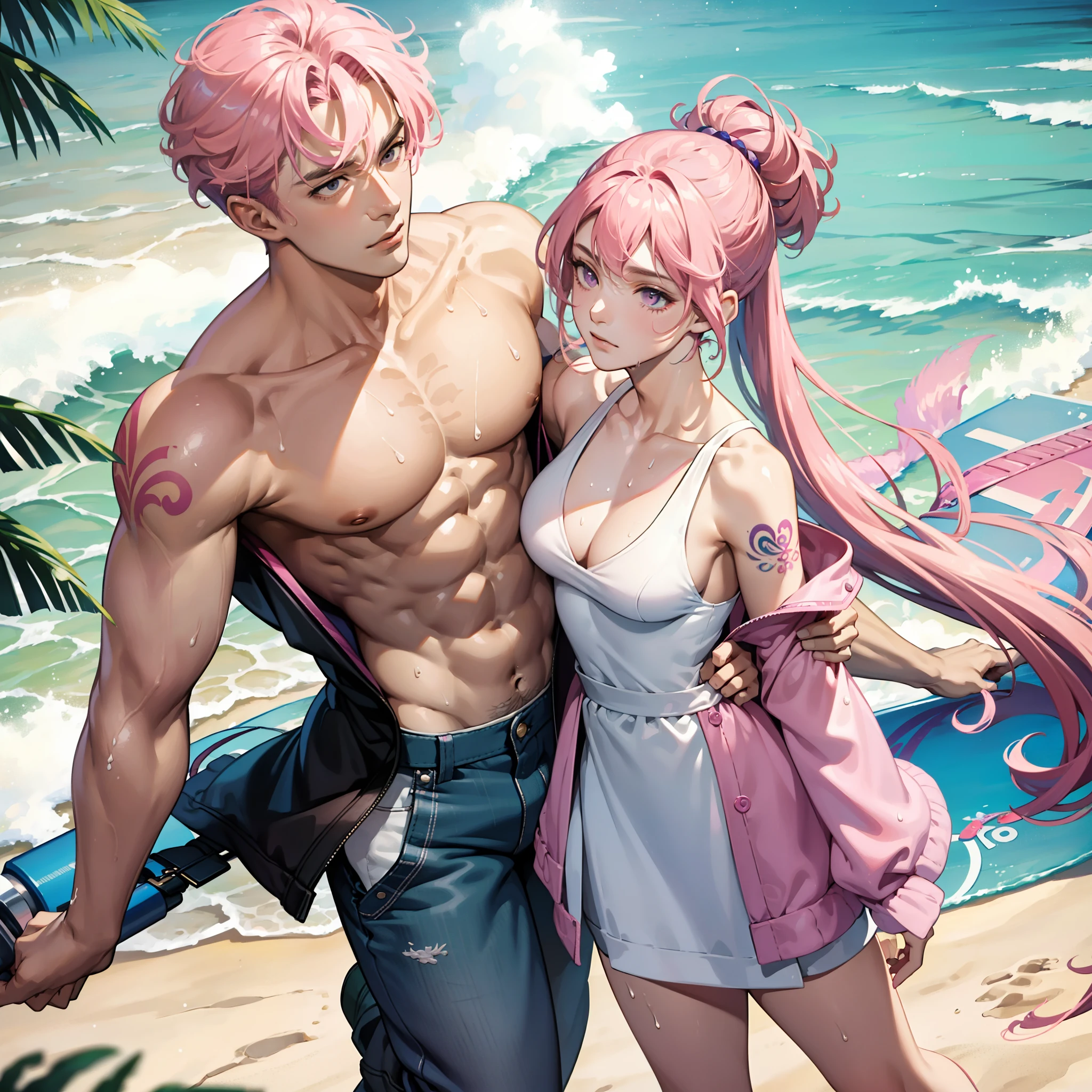 couple, pink hair, light purple eyes, summer clothes, 1man, 1woman, beach, wet, work, masterpiece, 8k, detail, tatto on the guy's body