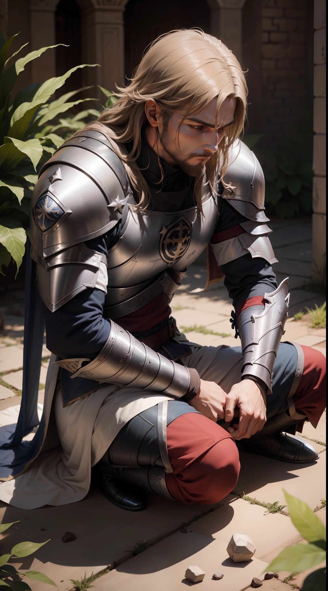 A Templar warrior man in armor sitting on the ground praying