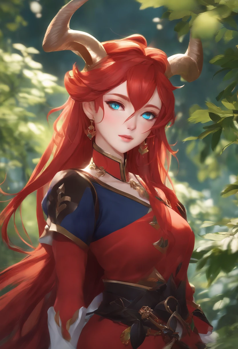 a female genshin impact character, long red hair, blue eyes, liyue style, green outfit, dendro vision, anime, nature, horns