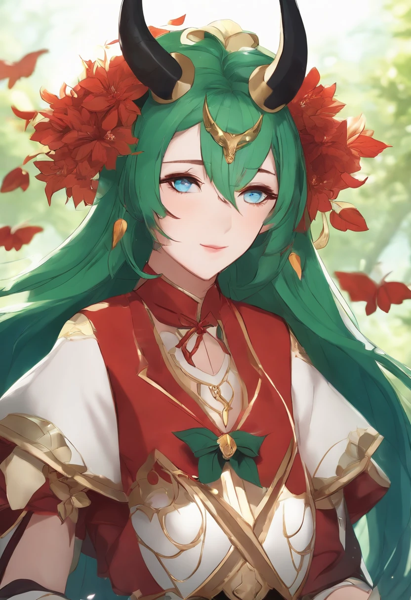a female genshin impact character, long red hair, blue eyes, liyue style, green outfit, dendro vision, anime, nature, horns