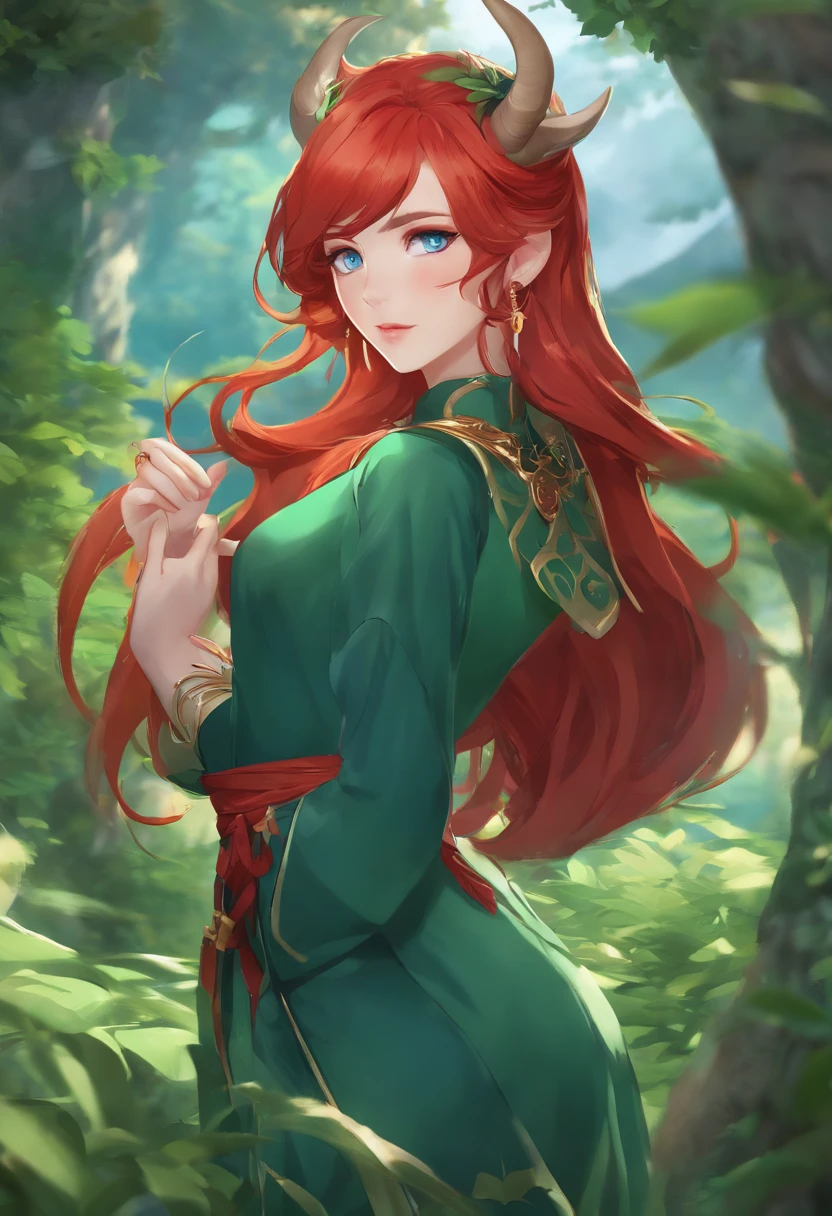 a female genshin impact character, long red hair, blue eyes, liyue style, green outfit, dendro vision, anime, nature, horns