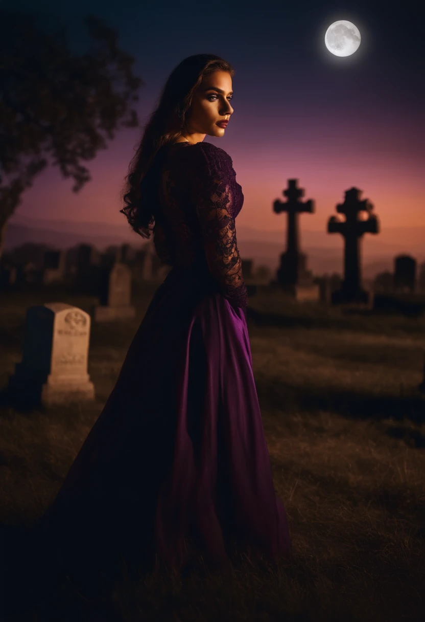 Make a 22-year-old woman, muito atraente, Amazing female shape, de corpo inteiro, cabelos negros e longos, olhos vermelhos, boca com batom muito roxo, vestida de com uma armadura viking de couro nas cores preto e roxo. She's looking at a cemetery in front of her. She's floating in a cloud just below your feet. Sky with moonlight night, uma lua vermelha, morcegos voando ao redor dela. Hiper fotorrealismo, 8k, ultra hd, dynamic lighting, unreal 5.