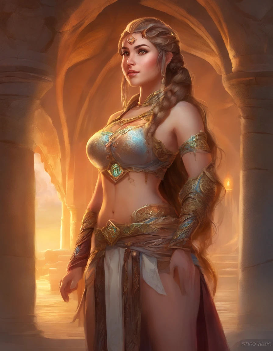 (best quality, masterpiece), 1woman, pose, dwarf, female dwarf, fantasy, braids, stout, wide body type, large breasts, huge breasts, wide hips, short, shortstack, mountain dwarf, pants, boob window, long hair, braided hair, 5 feet tall, short height