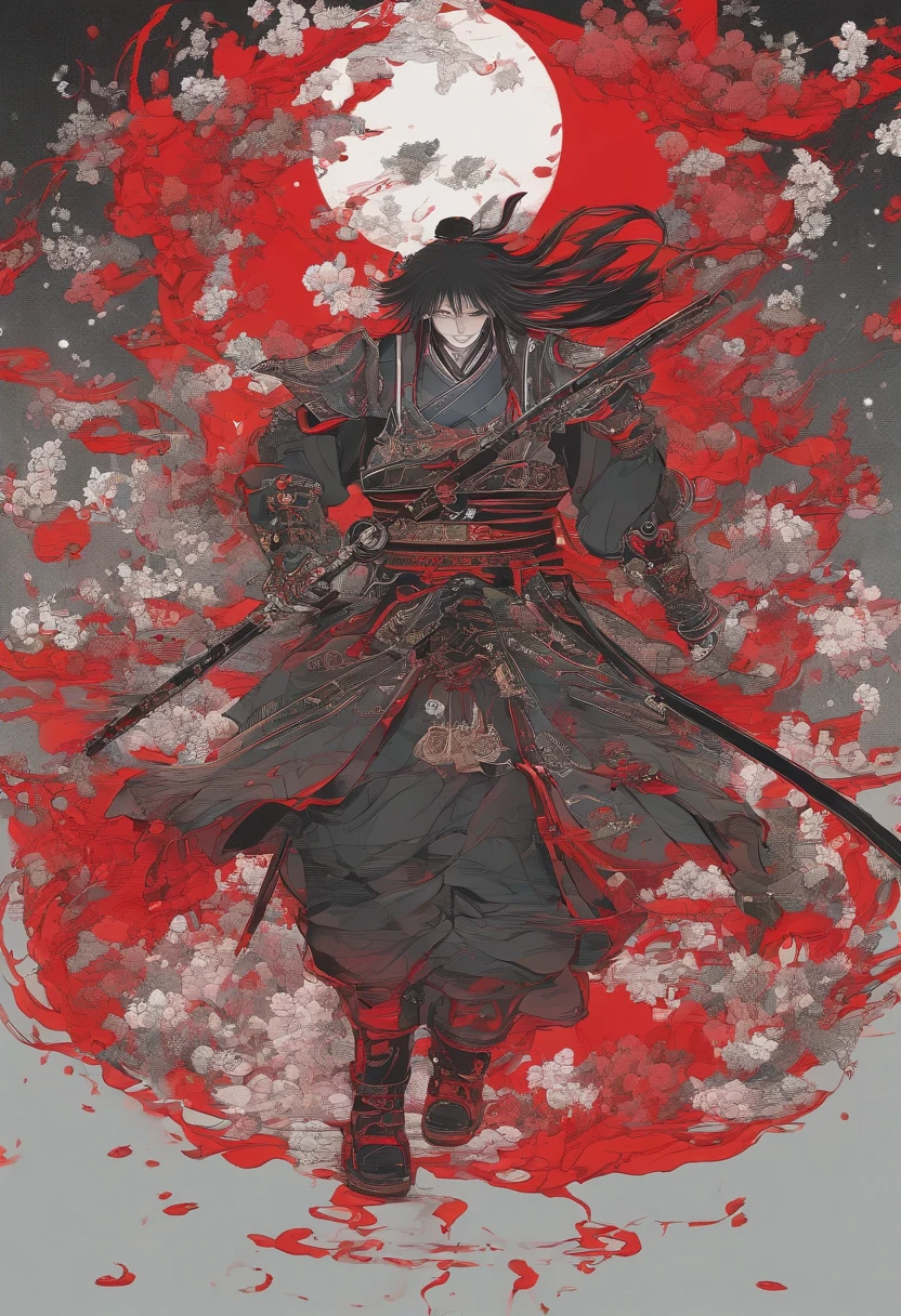 90s anime vintage anime a horror samurai dead, time flying out of city in japanese style in black and red ink with some black ink sadness melting skeleton splash dark side melting red dance soft red transparent shadow of a man samurai husting running for time and money - e, radiant light, detailed and intricate environment trending, beautiful, stunning abstraction at birth by moebius art line style. by Takashi Murakami, acrylic on canvas, surrealism, neoclassicism, renaissance, comic book style, outline detail, line art, ultra detailed, cell shaded, 8k. minimalism