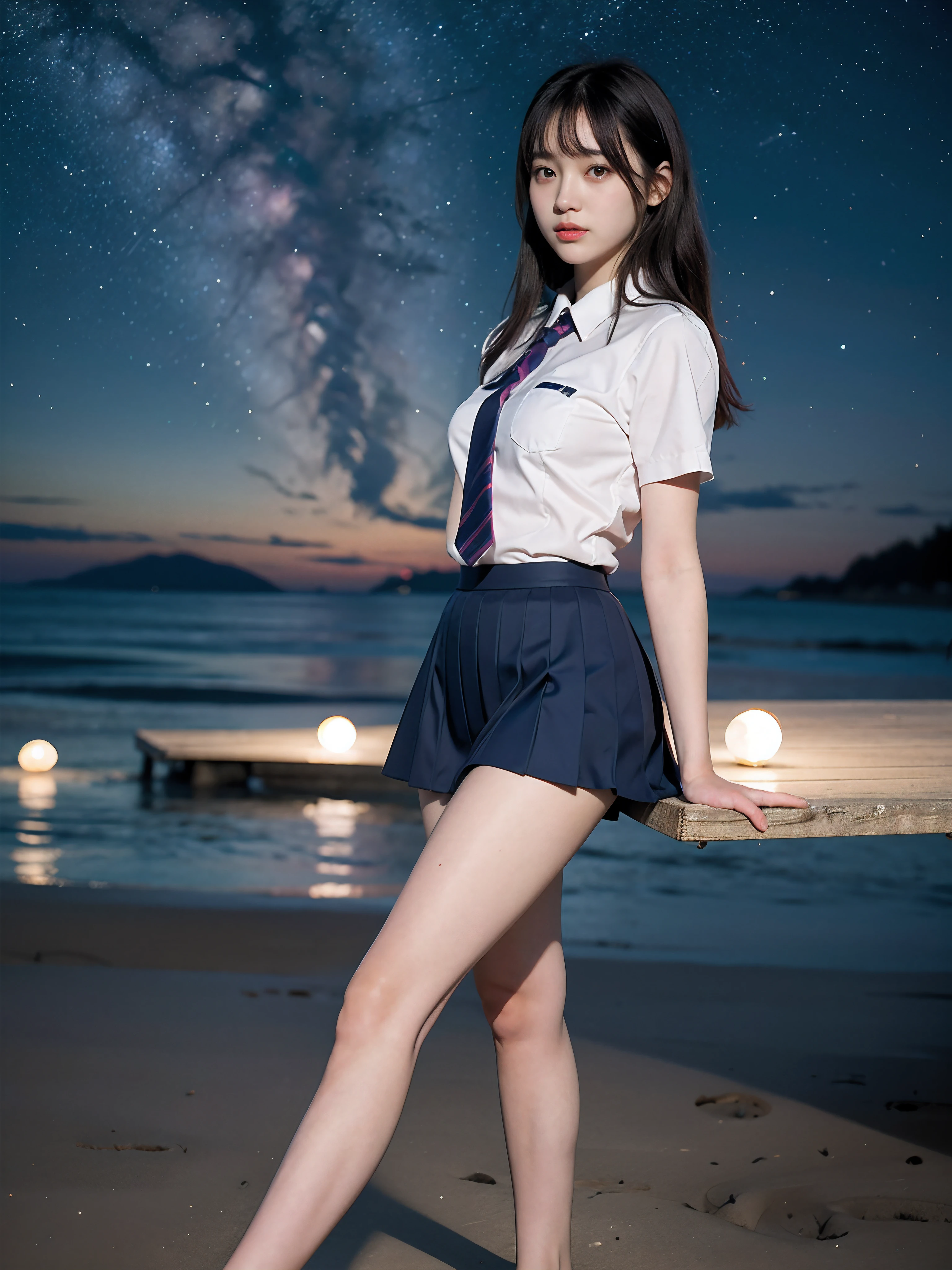 1girl, solo, sailor costume, kneeling, grin, looking at viewer, (real photo:1.3), (raw photo:1.3), sharp focus, beautiful eyes, cinematic lighting, masterpiece, super detail, best quality, Photorealsitic, Gaze at the stars in the meadow, night sky with many stars, from below