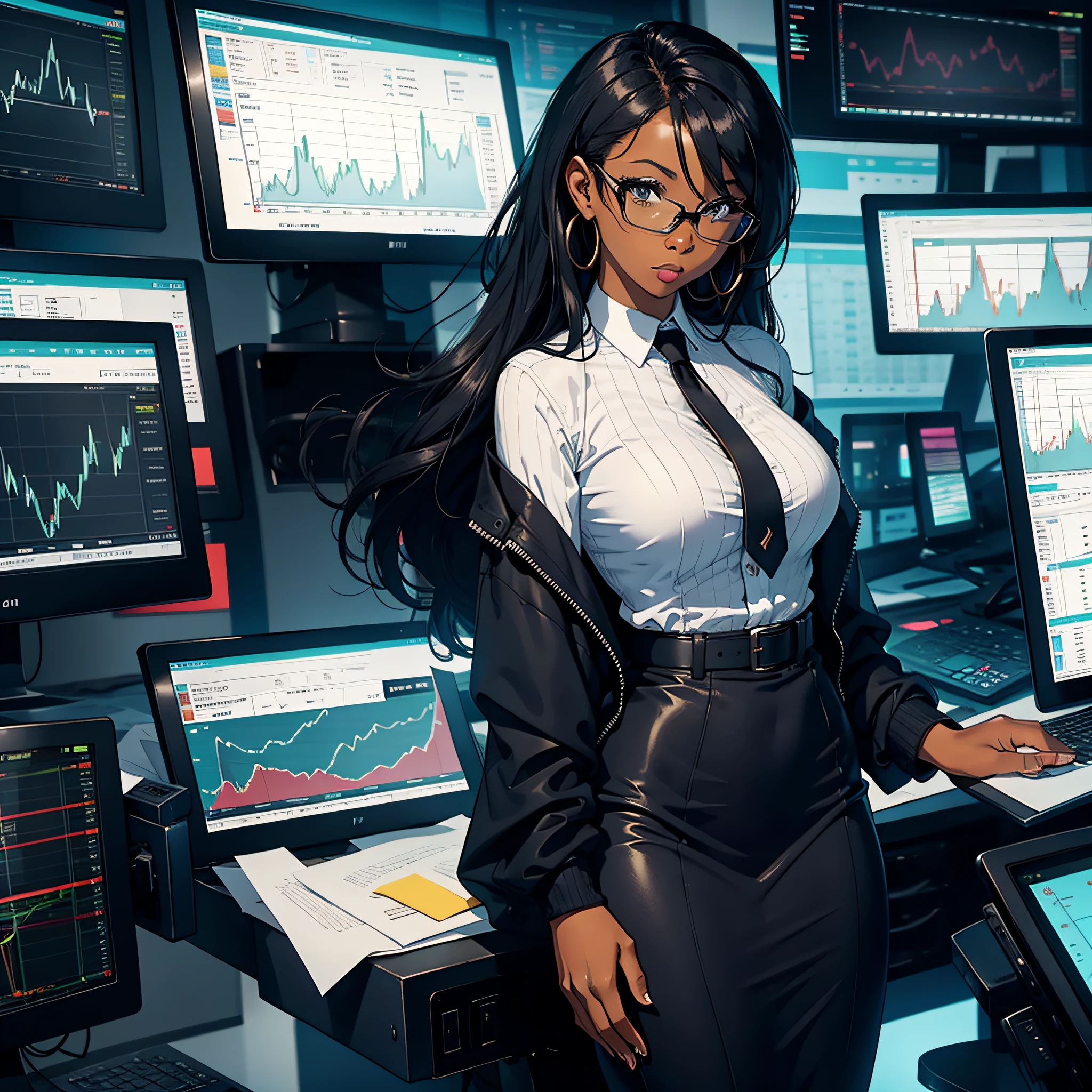 Gorgeous black woman trades stock charts in office
