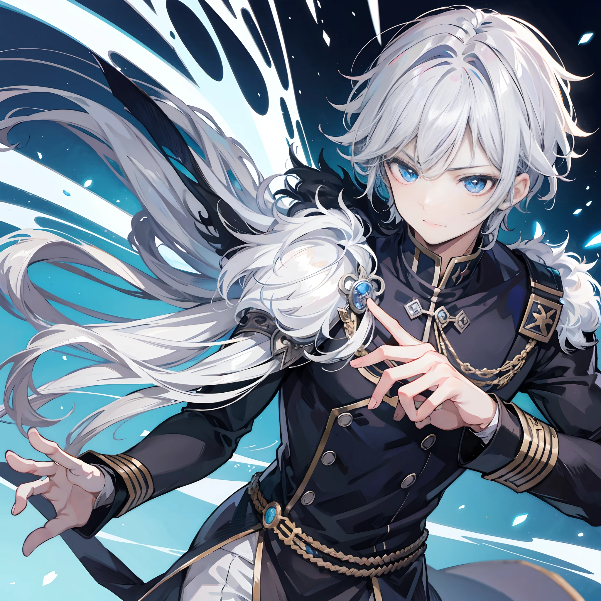 anime boy,grey hair,blue eyes,lean,muscular,black royal uniform,handsome