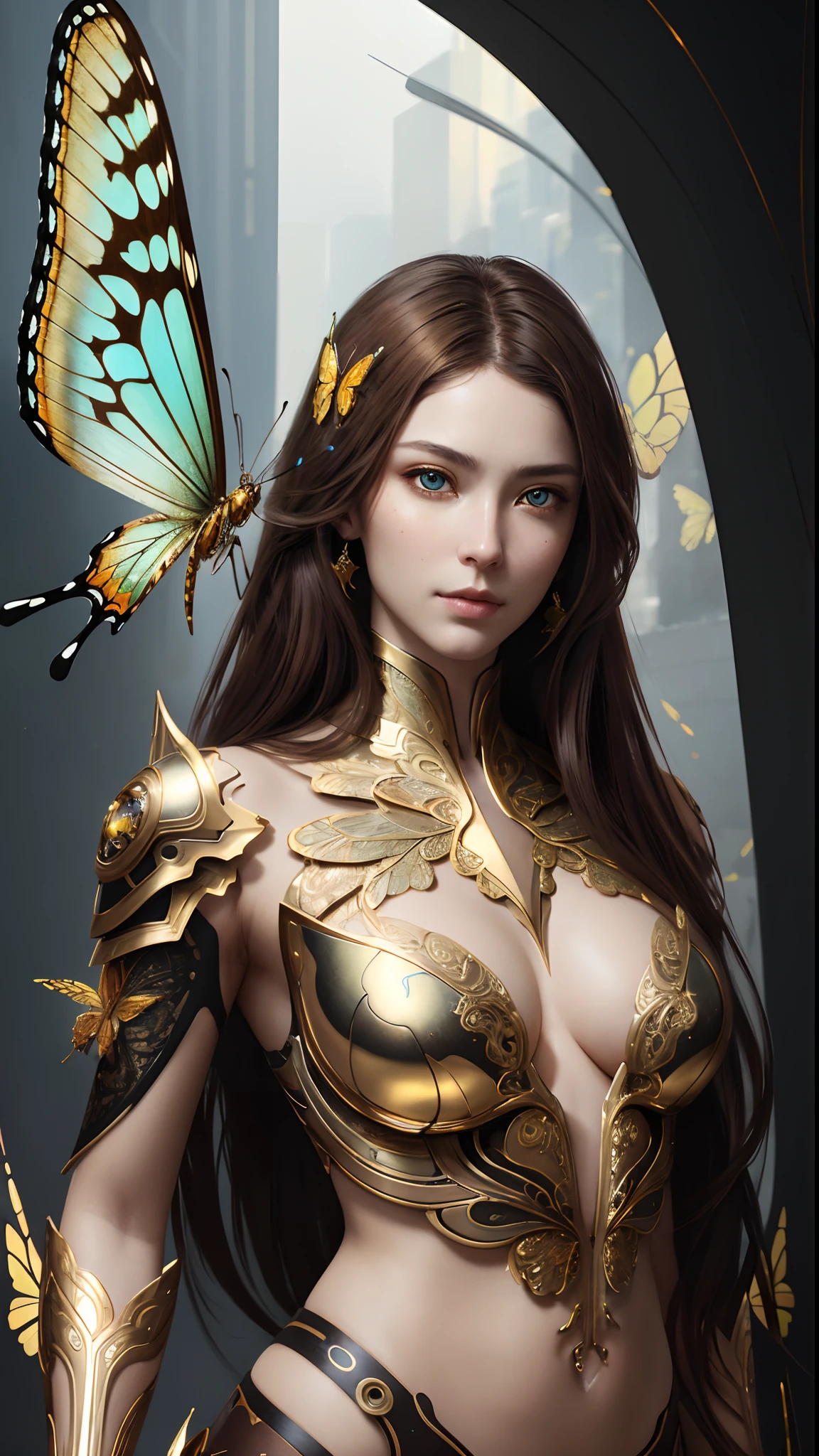 8k portrait of beautiful cyborg with brown hair, intricate, elegant, highly detailed, majestic, digital photography, art by artgerm and ruan jia and greg rutkowski surreal painting gold butterfly filigree, broken glass, (masterpiece, sidelighting, finely detailed beautiful eyes: 1.2), hdr,