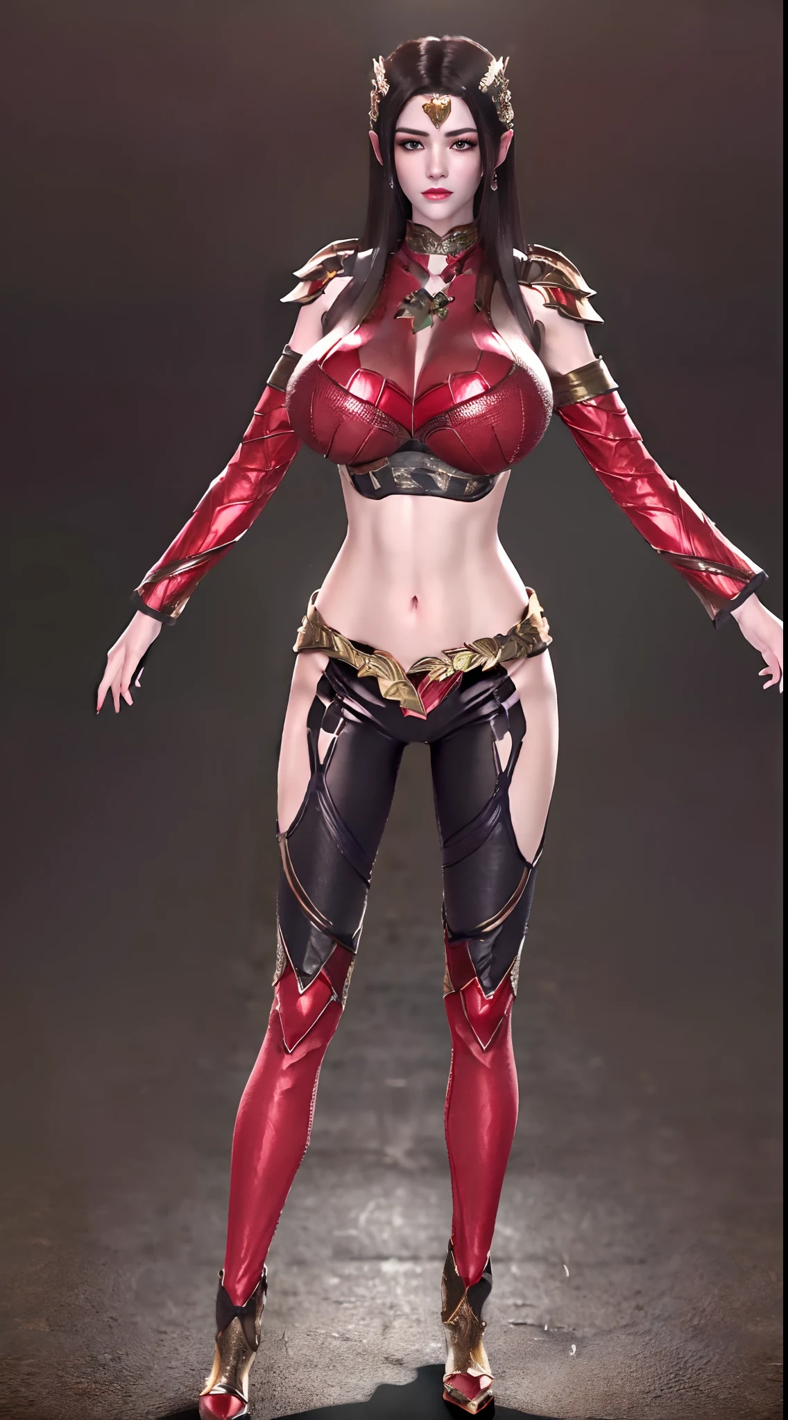 A woman wearing a red and gold costume and horns, Alekstasa, Red-haired queen wearing heavy red armor, Red Armor Lady, Fantasy costumes, hyper-detailed fantasy character, Warrior suit, Powerful busty witch, diablo 4 queen, warcraft characters, Red Demon Armor, Bikini armor female knight, dota role, Red armor, Wearing red wizard robes