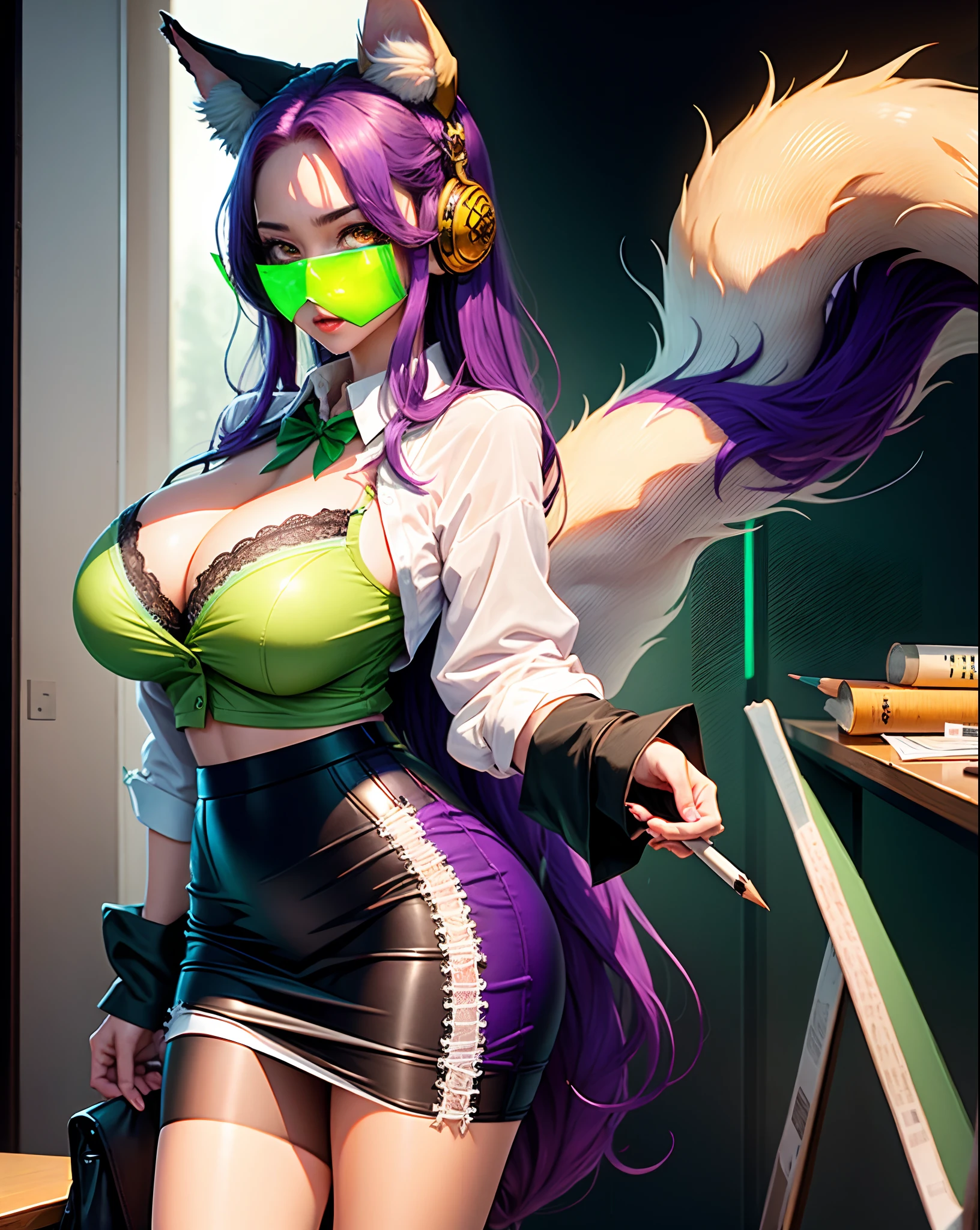Kitsune schoolgirl, long purple hair, fluffy ears, emerald green eyes, huge breasts, white unbuttoned blouse, purple laced bra, pencil skirt, string panties