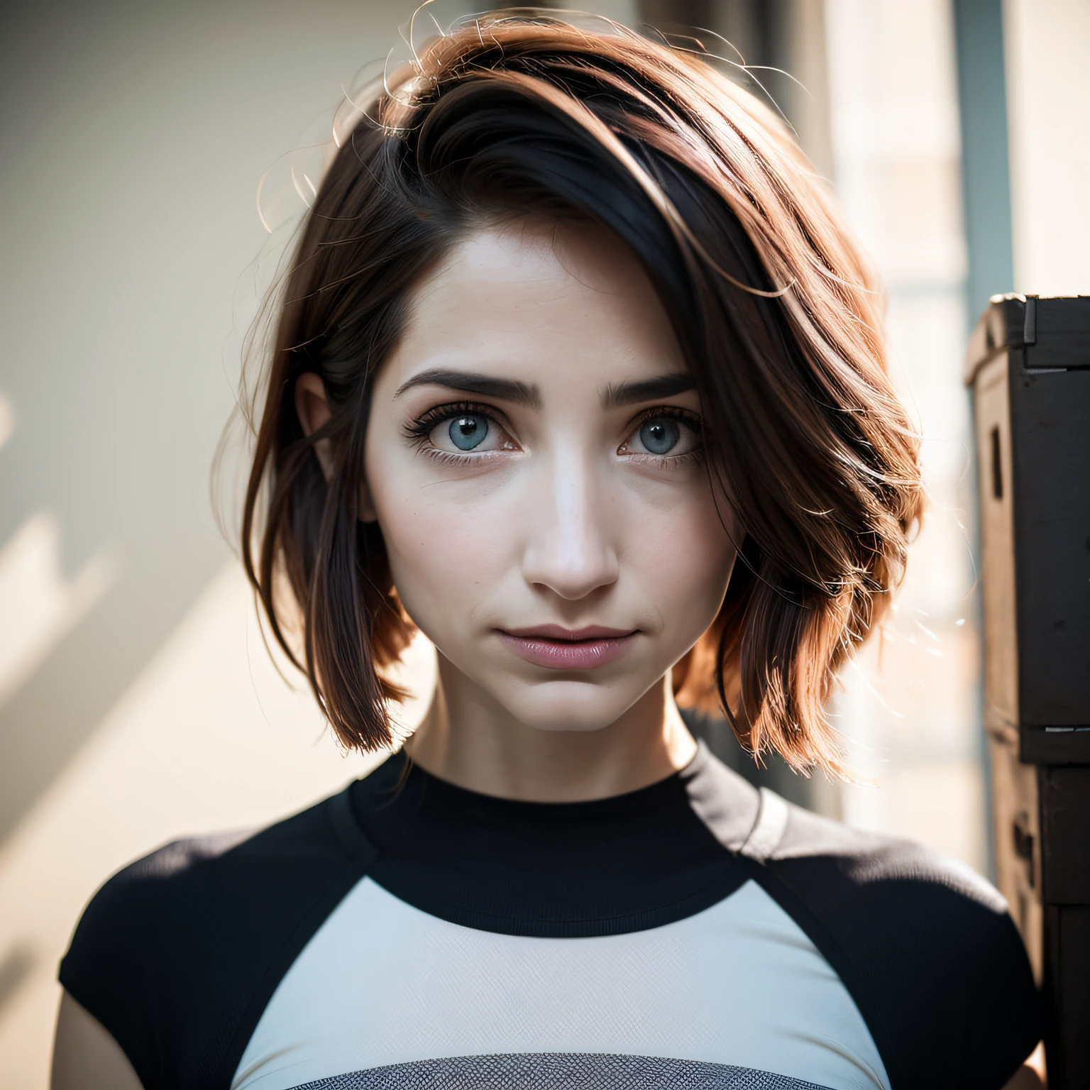 (upper body) photograph of stern spaceship captain (emily rudd) with short blue bob haircut, beautiful eyes, realistic skin, ultra detailed, dramatic light, painterly delicate features, futuristic concept art