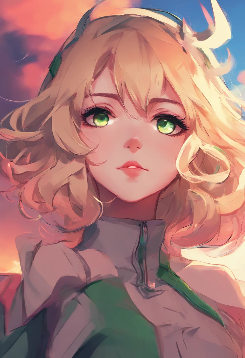Create an 8K UHD digital painting featuring an anime girl with blonde hair and green eyes (resembling Wlop, Artgerm, and Kuvshinov). She happily points at the vibrant, cloudy sunset. Ensure the artwork is of ultra-high quality and vivid colors