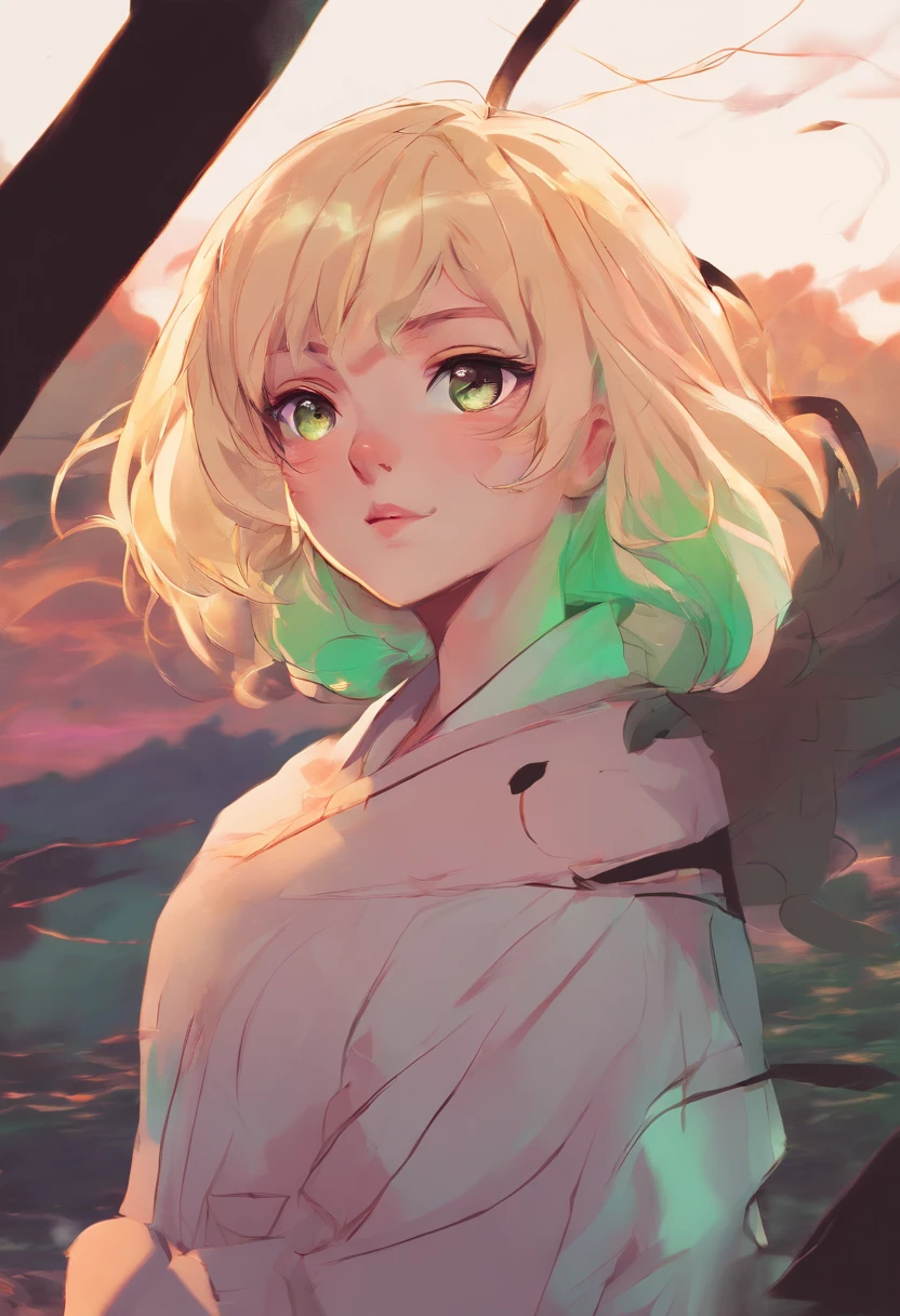 Create an 8K UHD digital painting featuring an anime girl with blonde hair and green eyes (resembling Wlop, Artgerm, and Kuvshinov). She happily points at the vibrant, cloudy sunset. Ensure the artwork is of ultra-high quality and vivid colors