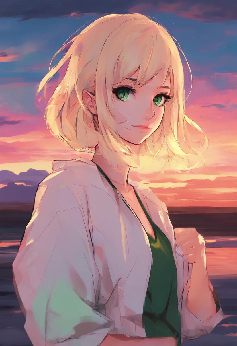 Create an 8K UHD digital painting featuring an anime girl with blonde hair and green eyes (resembling Wlop, Artgerm, and Kuvshinov). She happily points at the vibrant, cloudy sunset. Ensure the artwork is of ultra-high quality and vivid colors