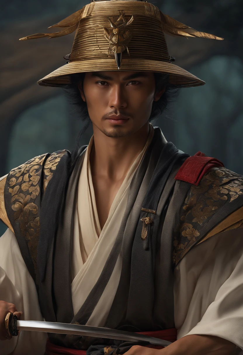 (((um homem samurai com duas espadas na cintura))), olhar penetrante, Wearing a bamboo hat, rosto detalhado, jovem, extremamente detalhado, plano geral, estilo anime, colorido, obra prima, 8k