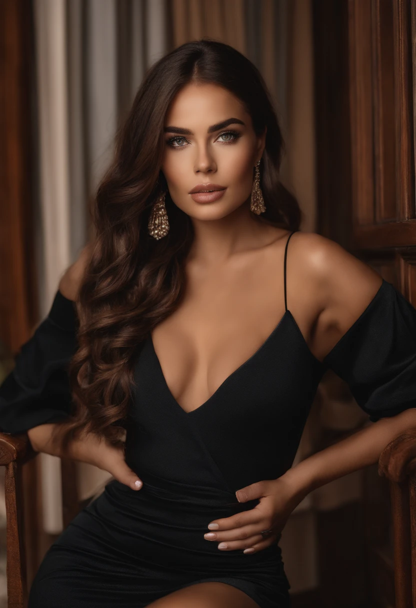 mulher arafed em um bar de vestido preto, com olhos castanhos, Retrato Sophie Mudd, cabelos castanhos e olhos grandes, selfie de uma jovem mulher, Olhos do quarto, Violeta Myers, sem maquiagem, maquiagem natural, Looking directly at the camera, Rosto com ArtGram, maquiagem sutil, Impressionante tiro de corpo inteiro, no quarto, clivagem