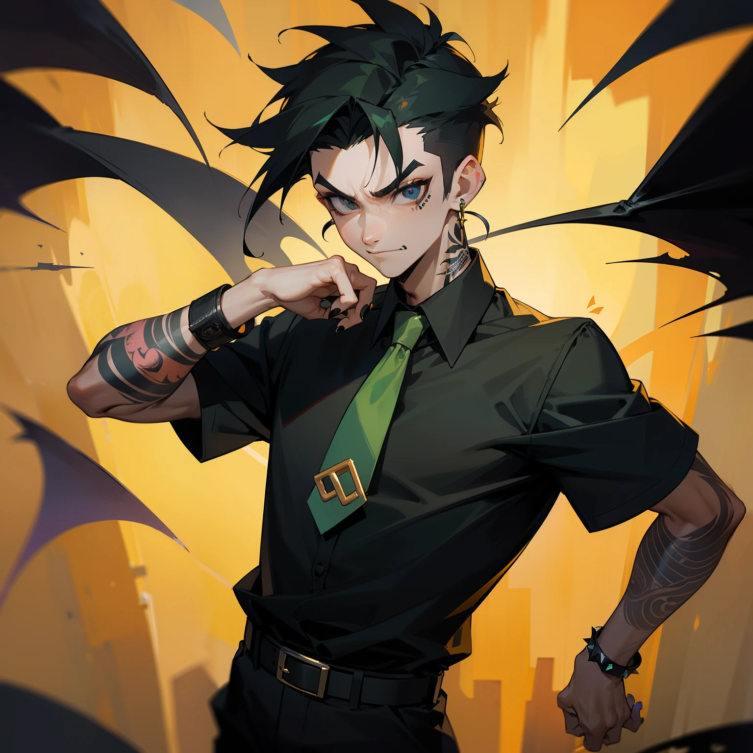 Man in shirt and tie, Male Focus, a belt, Black shirt, The tattoo, Short sleeves , Short hair, Black Short Sleeve Polo Shirt, Green tie, Black pants, punk, Raised eyebrows, Floppy bangs, Spiky back hair, a little golden color on the bangs,,,,, Undercut , Simple black earrings, devil, Bat, Angry face, Black nails, arm tattoos, big eye, Black Eye Makeup, Wearing hair on the ears, Forehead, ssmile, wrist watch, Black Bangle, Square Thailand