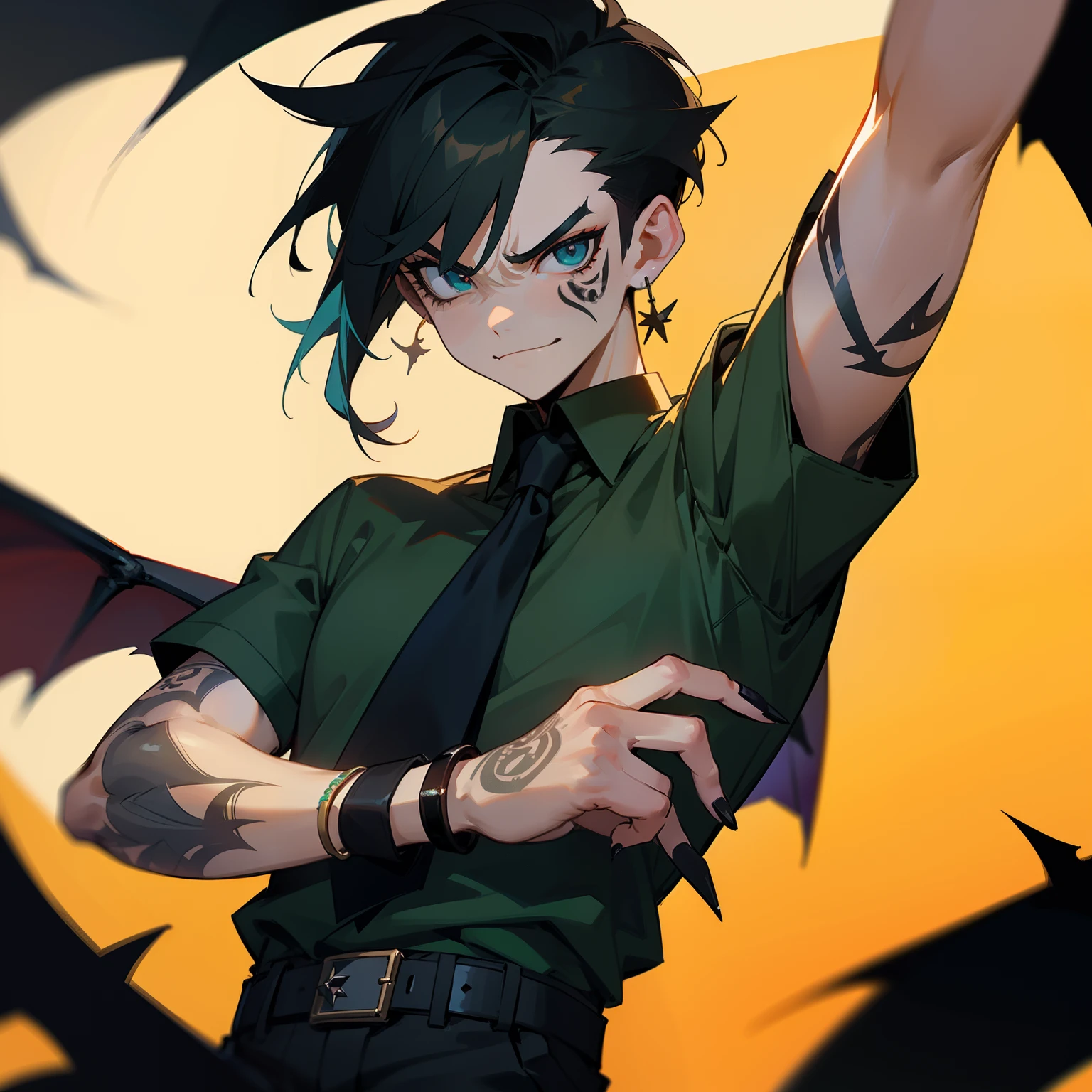 Man in shirt and tie, Male Focus, a belt, Black shirt, The tattoo, Short sleeves , Short hair, Black Short Sleeve Polo Shirt, Green tie, Black pants, punk, Raised eyebrows, Floppy bangs, Spiky back hair, a little golden color on the bangs,,,,, Undercut , Simple black earrings, devil, Bat, Angry face, Black nails, arm tattoos, big eye, Black Eye Makeup, Wearing hair on the ears, Forehead, ssmile, wrist watch, Black Bangle, Square Thailand