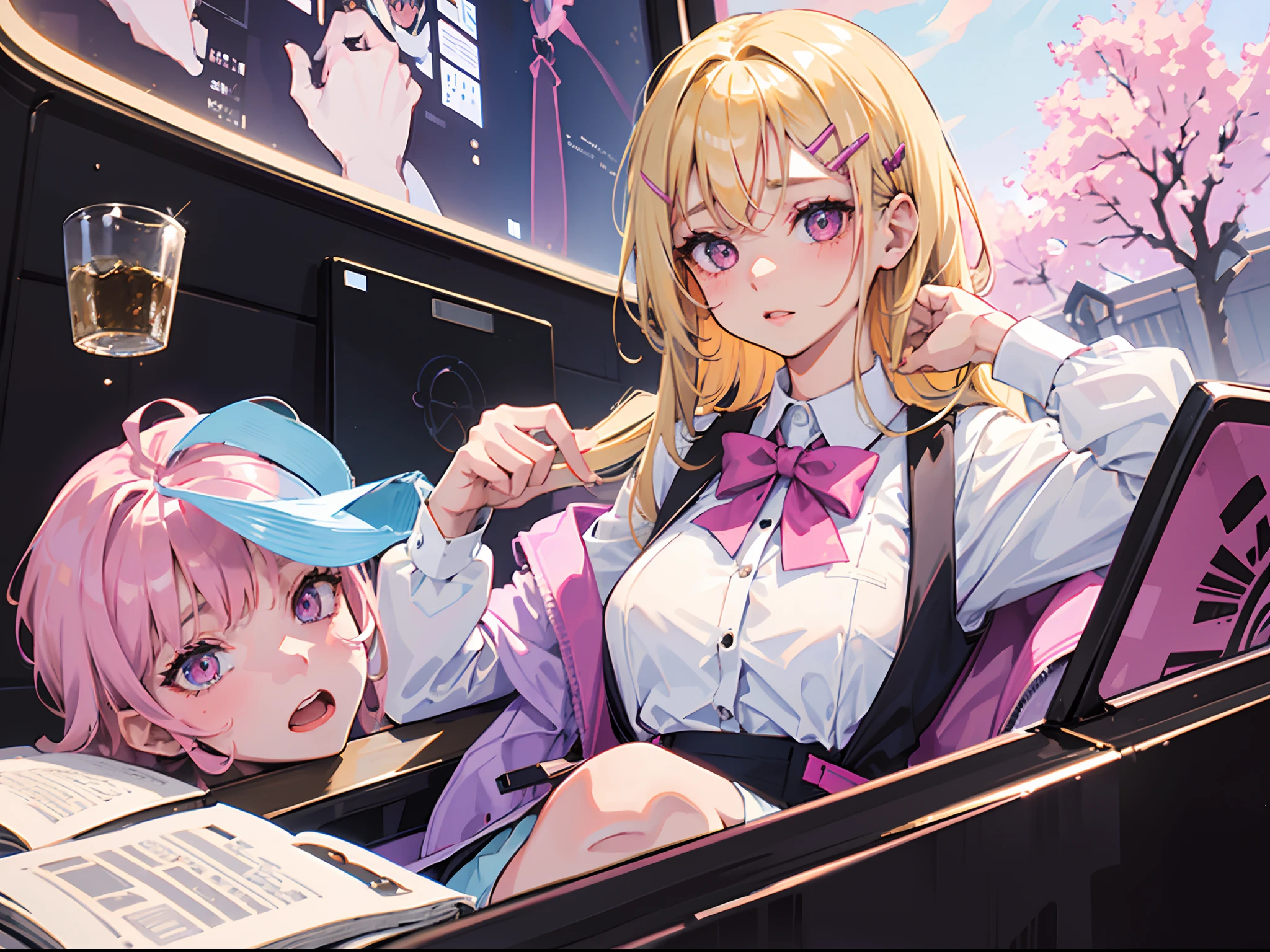 1 girl, blonde hair, blonde woman, Bright pink eyes, big breastes, high school uniform, sits on the desk, Underpants are visible, Pastel colors, cute hairpins on hair and clothes.