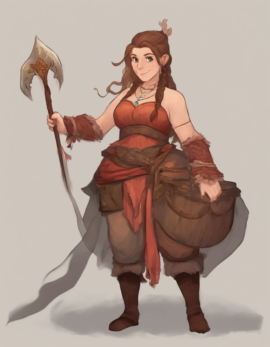 ultra detalhe, high resolution, ultra detalhado, best quality, Amazing, Qualidade Superior, 1Mulher, Posar, Dwarf, Female dwarf, fantasia, plaits, corpulento, tipo de corpo largo, seios grandes, Seios enormes, breasts larger than the head, quadris largos, curto, Pilha curta, mountain dwarf, Pants, janela do peito, longos cabelos ruivos, braided hair, 5 feet tall, altura curta, sexy