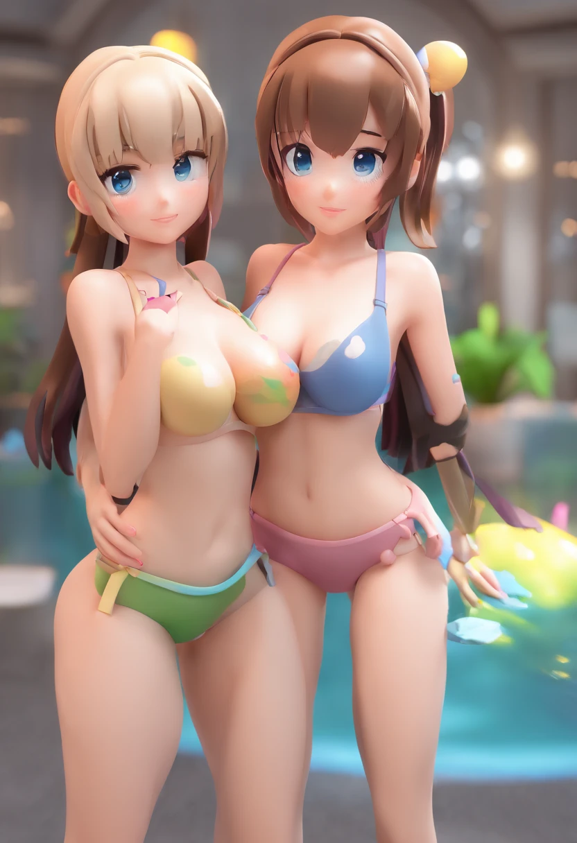 NSFW , Loli,  nude , Yuri, ((brown hair, ponytail, blue eyes)), ((2girls)), large breasts, ((short torso)), ((short body ratio)), ((same character)), twins, ((short)), large and round breasts, round face, twins, thick arms, early 10s, sexy poses, couple, identical twins, sex, mutual sex, big head, round breasts, double image, sphere breasts, wet