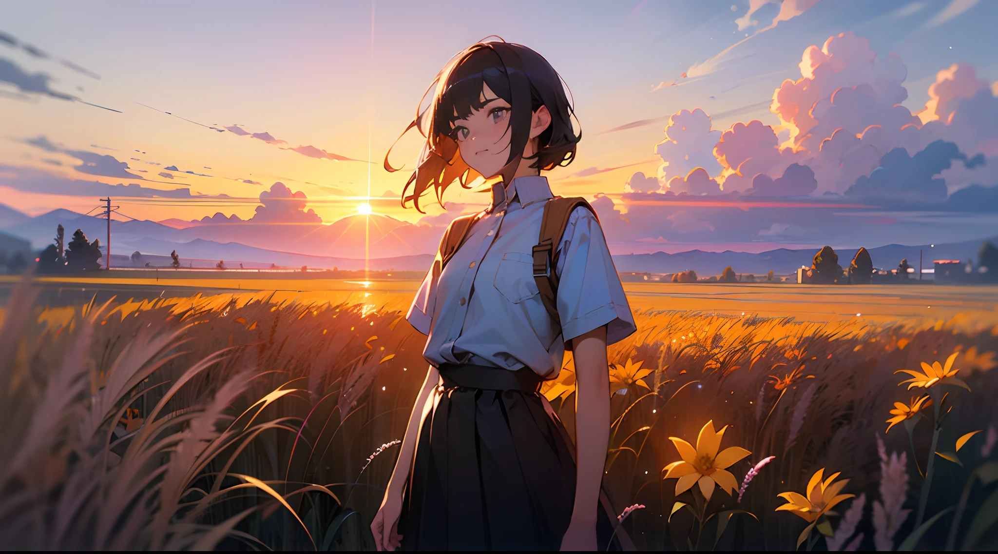 girl standing in field of neon flowers, detailed face, mid shot, clouds, sunrise